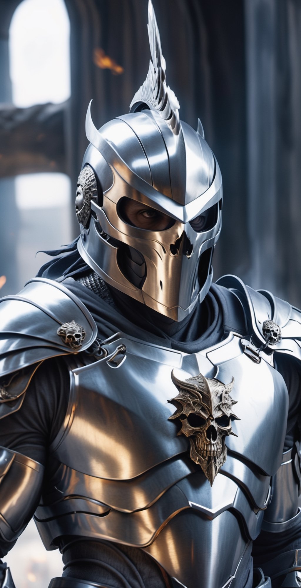 A muscular and imposing figure dominates the scene,  clad in a gleaming silver suit of armor that accentuates the sculpted...