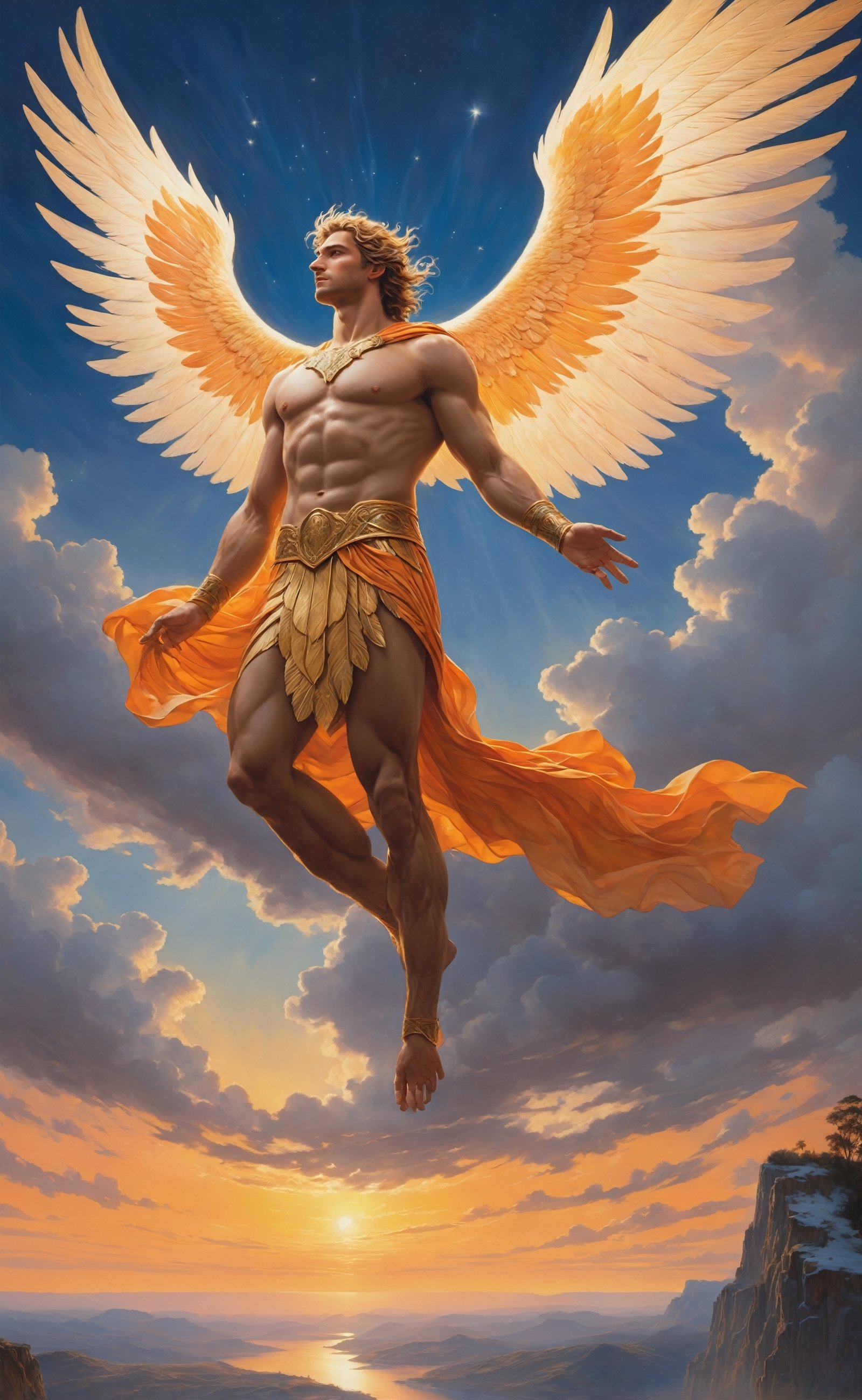 Against the backdrop of a vast, ethereal sky, the mythological figure of Icarus soars with breathtaking realism, his outstretched wings capturing the delicate hues of dawn. The meticulously detailed feathers of his wings create a mesmerizing pattern, glistening in the gentle sunlight as he ascends higher into the heavens. The warmth of the golden sun bathes his figure in a soft glow, casting a subtle shadow on the wisps of clouds below. Icarus, with determination etched on his face, propels himself towards the sun, his journey encapsulating both the yearning for freedom and the tragic inevitability of his mythical fate. The celestial canvas is painted with hues of orange and pink, adding a poetic touch to this poignant moment of flight and ambition, frozen in a photorealistic tableau of classical mythology.