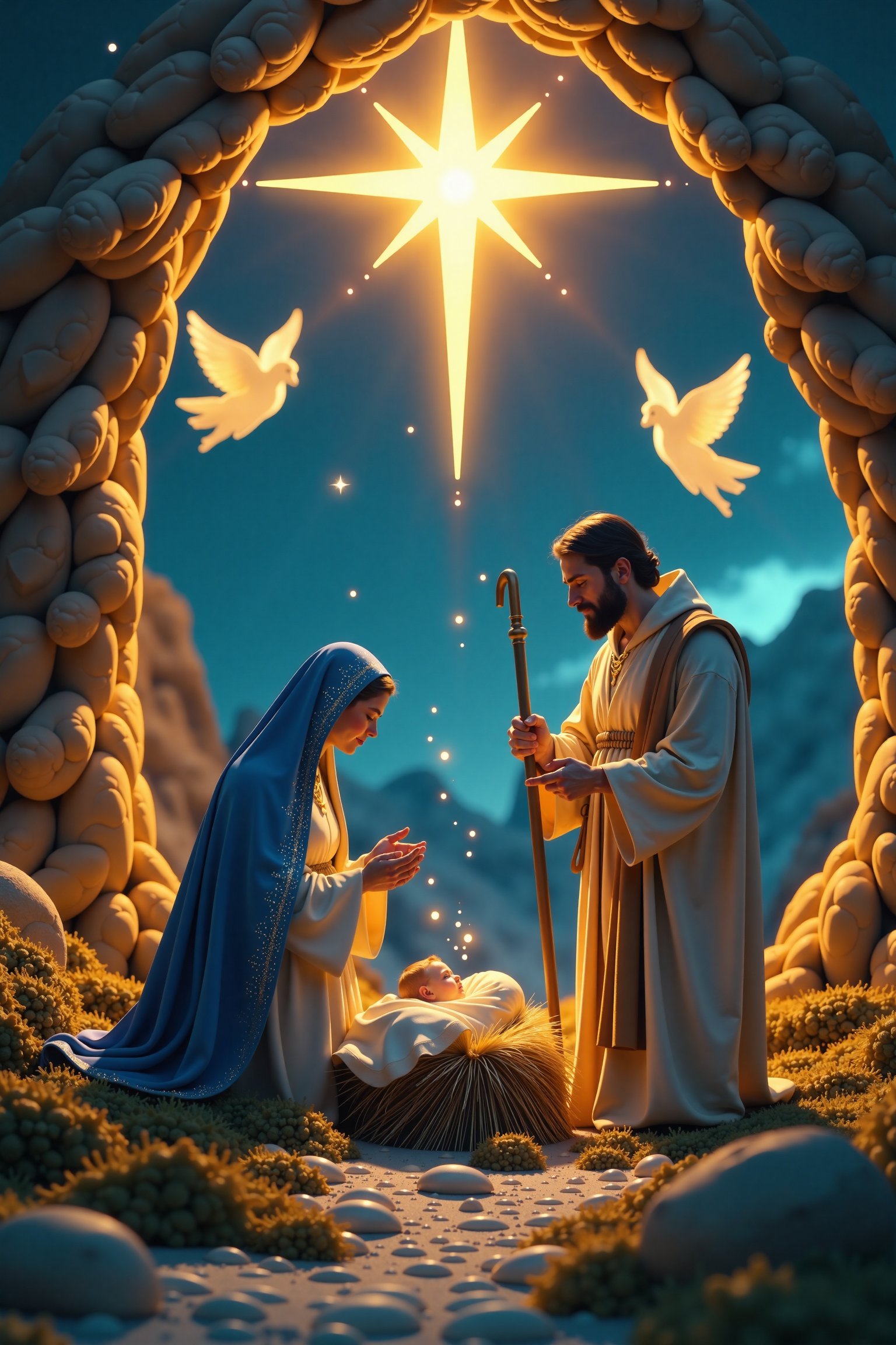 "A fantastical reimagining of the nativity scene,  set in an ethereal stable with walls made of shimmering starlight and t...