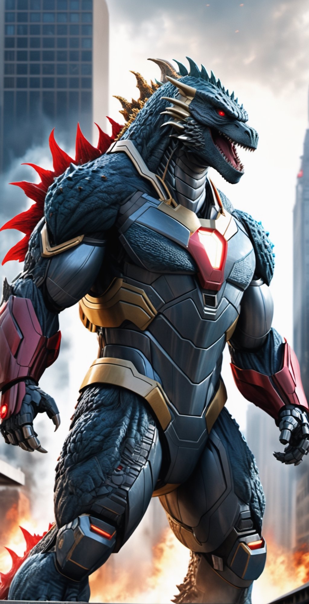 A colossal and awe-inspiring Godzilla,  donned in a powerful Ironman suit inspired by the latest Avengers installment,  do...