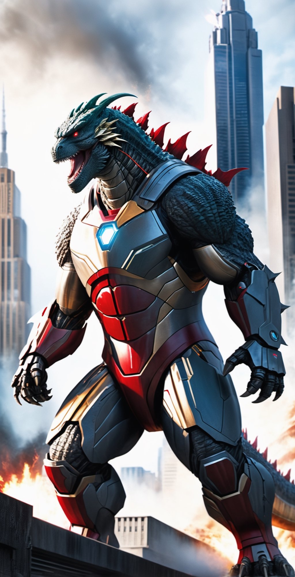A colossal and awe-inspiring Godzilla,  donned in a powerful Ironman suit inspired by the latest Avengers installment,  do...