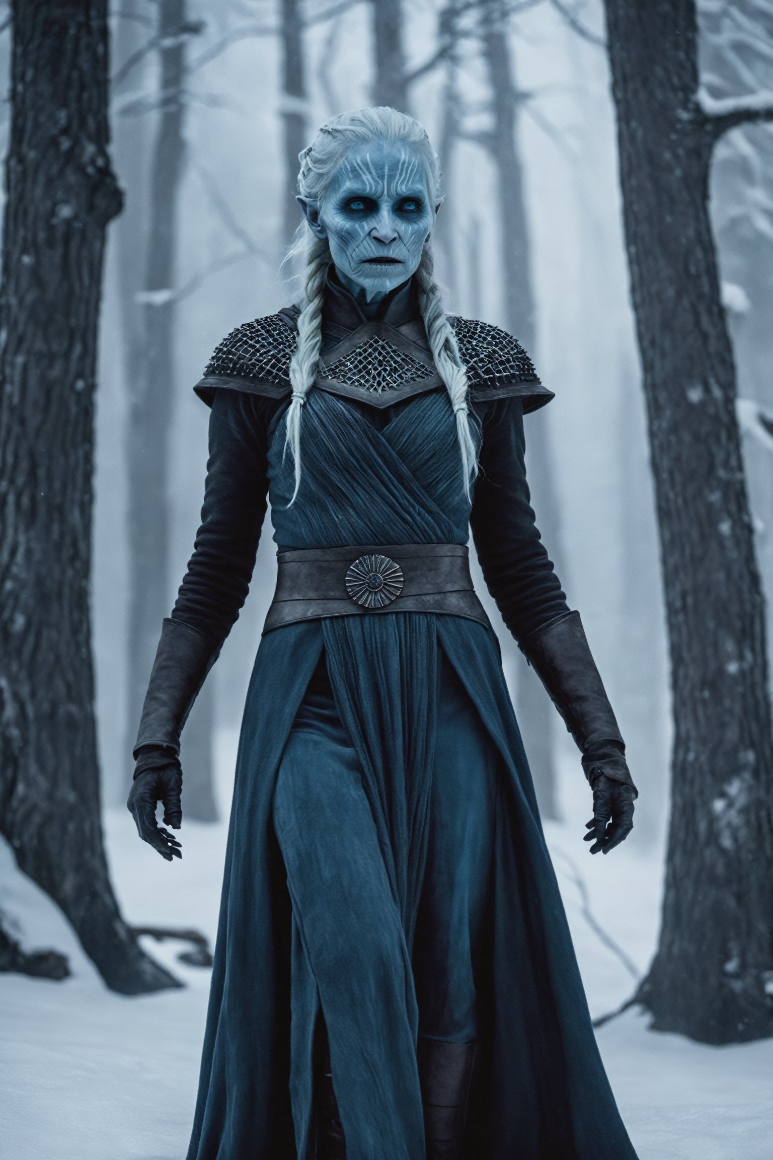 Nightsister White Walker fuses the mystical powers of Nightsisters from Star Wars with the icy menace of White Walkers from Game of Thrones. Cloaked in dark Nightsister attire, this hybrid wields both dark magic and the chilling touch of winter to strike fear into their enemies.