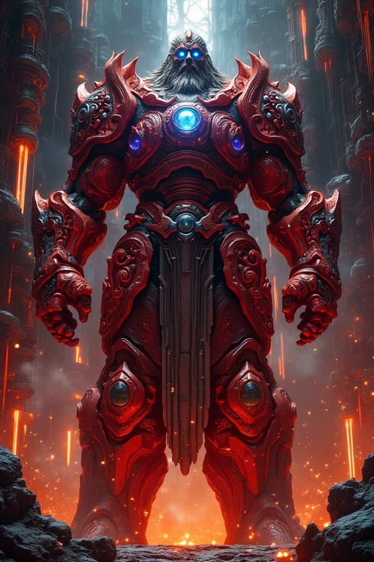A towering figure clad in intricately designed red armor with glowing blue highlights,  standing in the heart of a futuris...