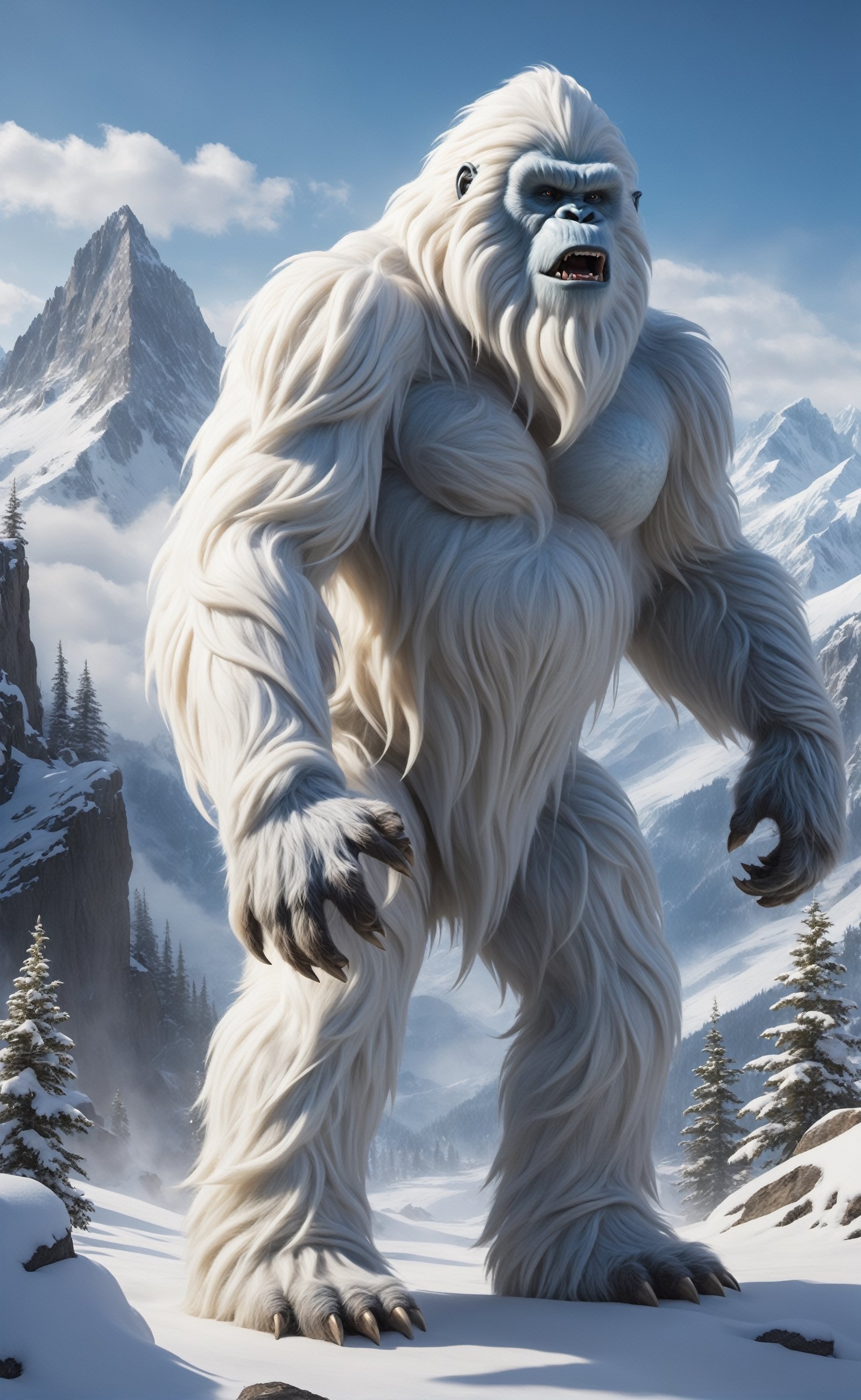 Amidst the towering peaks of a majestic mountain range, a photorealistic depiction of the mythical creature known as the Yeti comes to life. Against a backdrop of pristine snow-covered slopes and craggy cliffs, the enigmatic beast stands upright, covered in a thick, frosty fur that perfectly camouflages it in its wintry habitat. The creature's powerful frame is defined by sinewy muscles beneath its fur, and its large, clawed feet leave deep imprints in the snow as it navigates the rugged terrain. The Yeti's face is characterized by piercing eyes that peer out from beneath a fur-covered brow, emanating an air of mystery and ancient wisdom. Wisps of icy breath escape its formidable jaws, creating a tangible sense of the frigid mountain air. This photorealistic portrayal captures the mythical Yeti in its natural alpine environment, a silent and elusive guardian of the snow-capped peaks, shrouded in the aura of legend and the quiet majesty of the mountains.