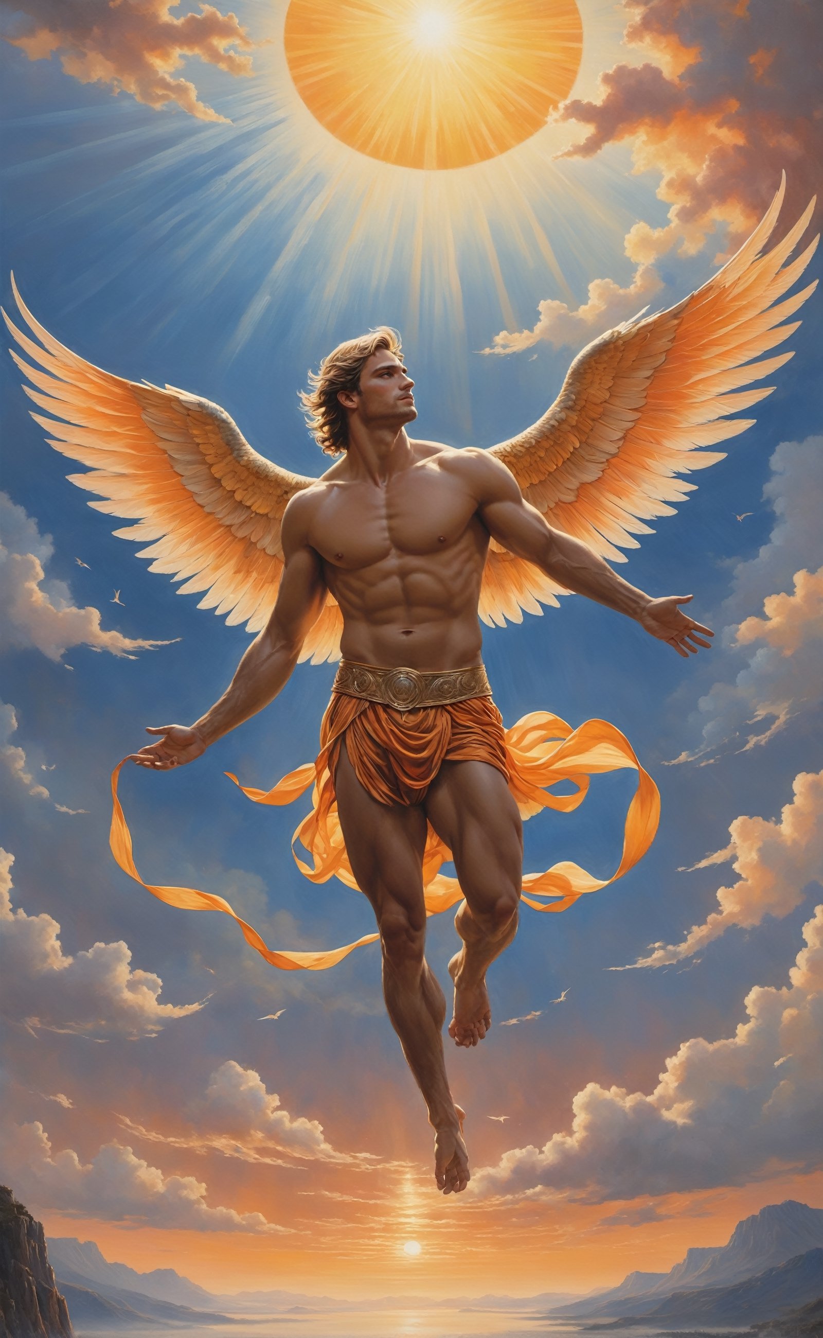 Against the backdrop of a vast, ethereal sky, the mythological figure of Icarus soars with breathtaking realism, his outstretched wings capturing the delicate hues of dawn. The meticulously detailed feathers of his wings create a mesmerizing pattern, glistening in the gentle sunlight as he ascends higher into the heavens. The warmth of the golden sun bathes his figure in a soft glow, casting a subtle shadow on the wisps of clouds below. Icarus, with determination etched on his face, propels himself towards the sun, his journey encapsulating both the yearning for freedom and the tragic inevitability of his mythical fate. The celestial canvas is painted with hues of orange and pink, adding a poetic touch to this poignant moment of flight and ambition, frozen in a photorealistic tableau of classical mythology.