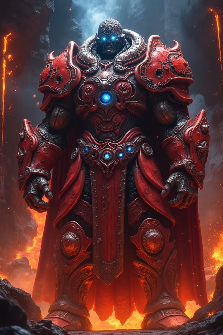 A towering figure clad in intricately designed red armor with glowing blue highlights,  standing in the heart of a futuris...