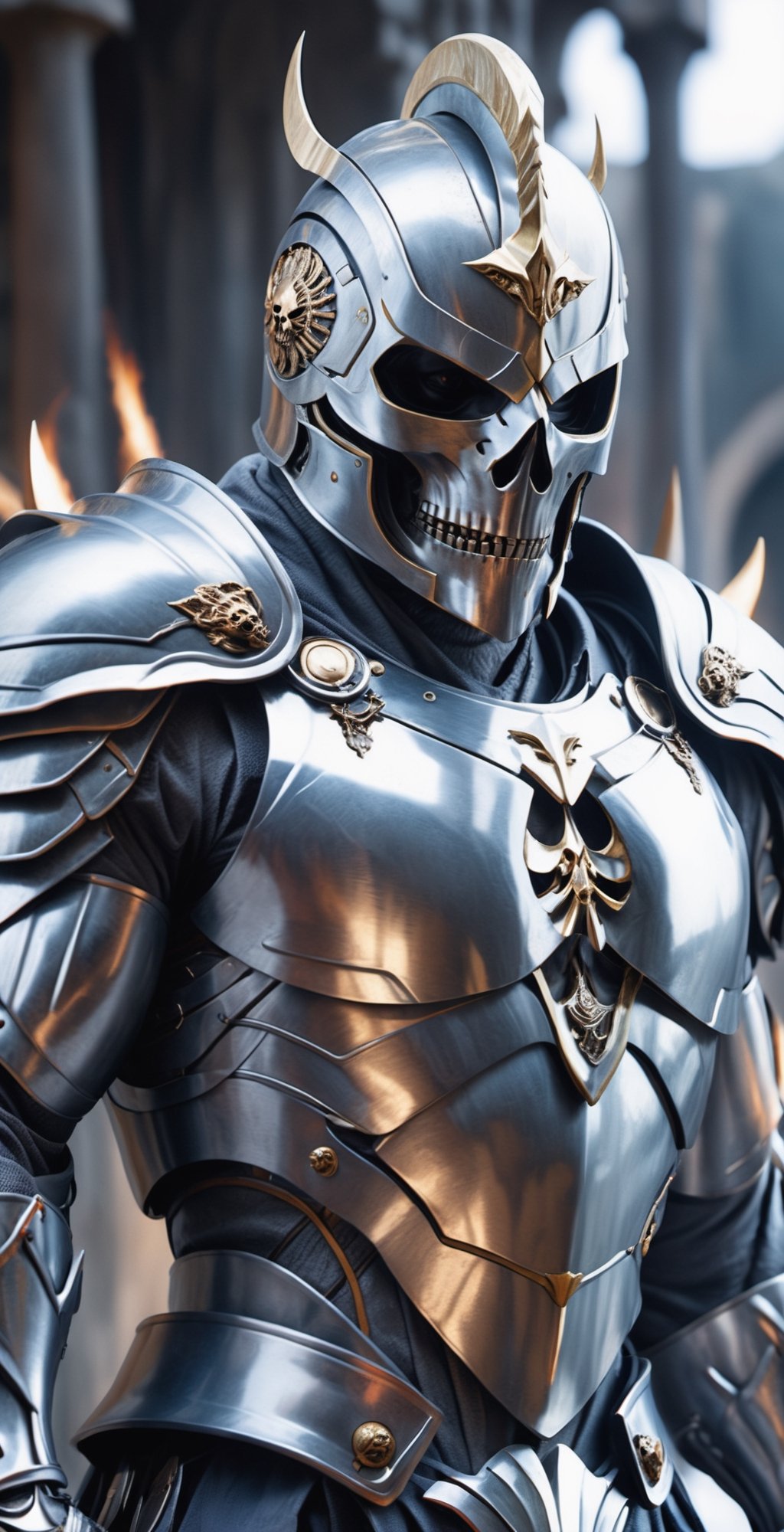 A muscular and imposing figure dominates the scene,  clad in a gleaming silver suit of armor that accentuates the sculpted...