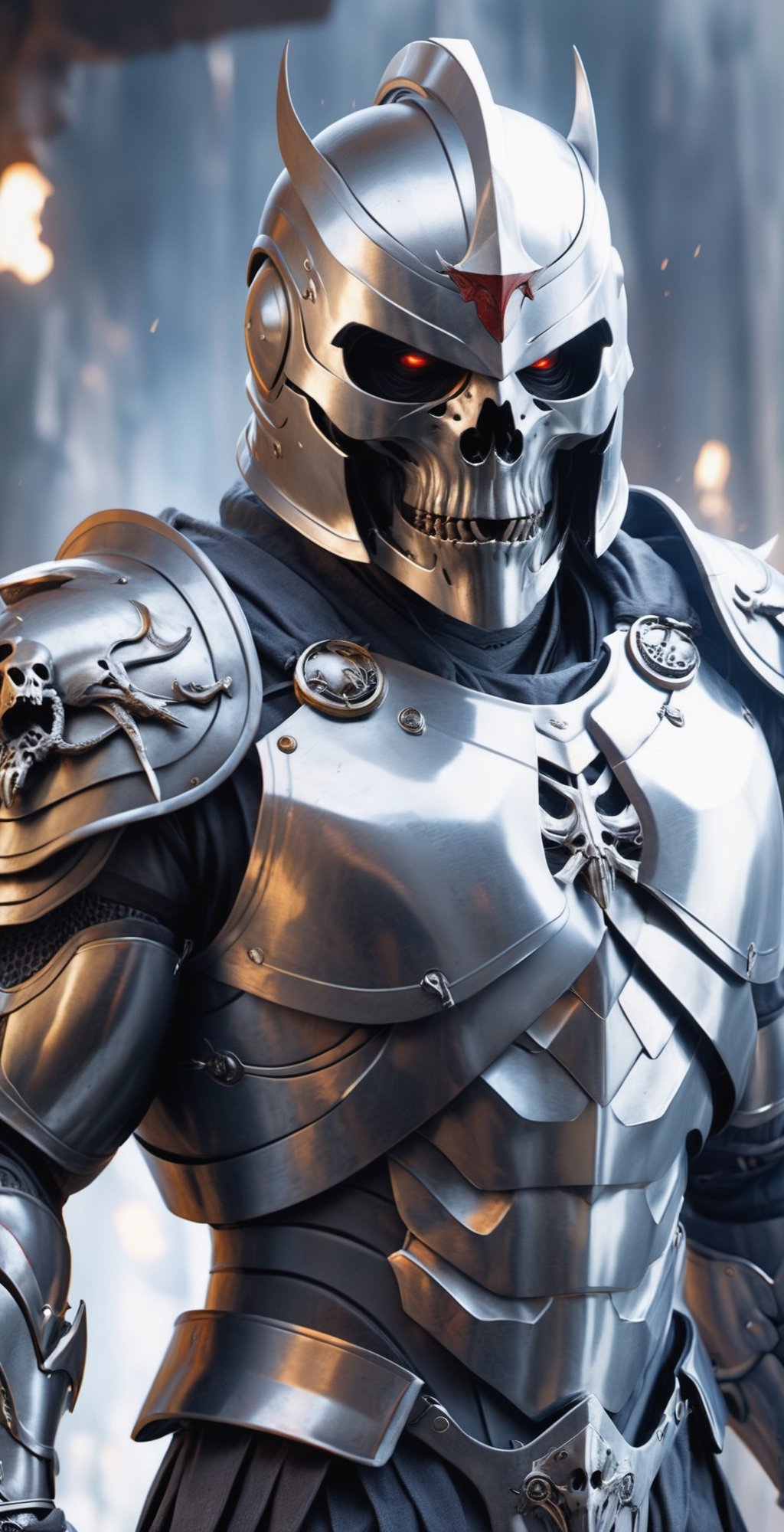 A muscular and imposing figure dominates the scene,  clad in a gleaming silver suit of armor that accentuates the sculpted...