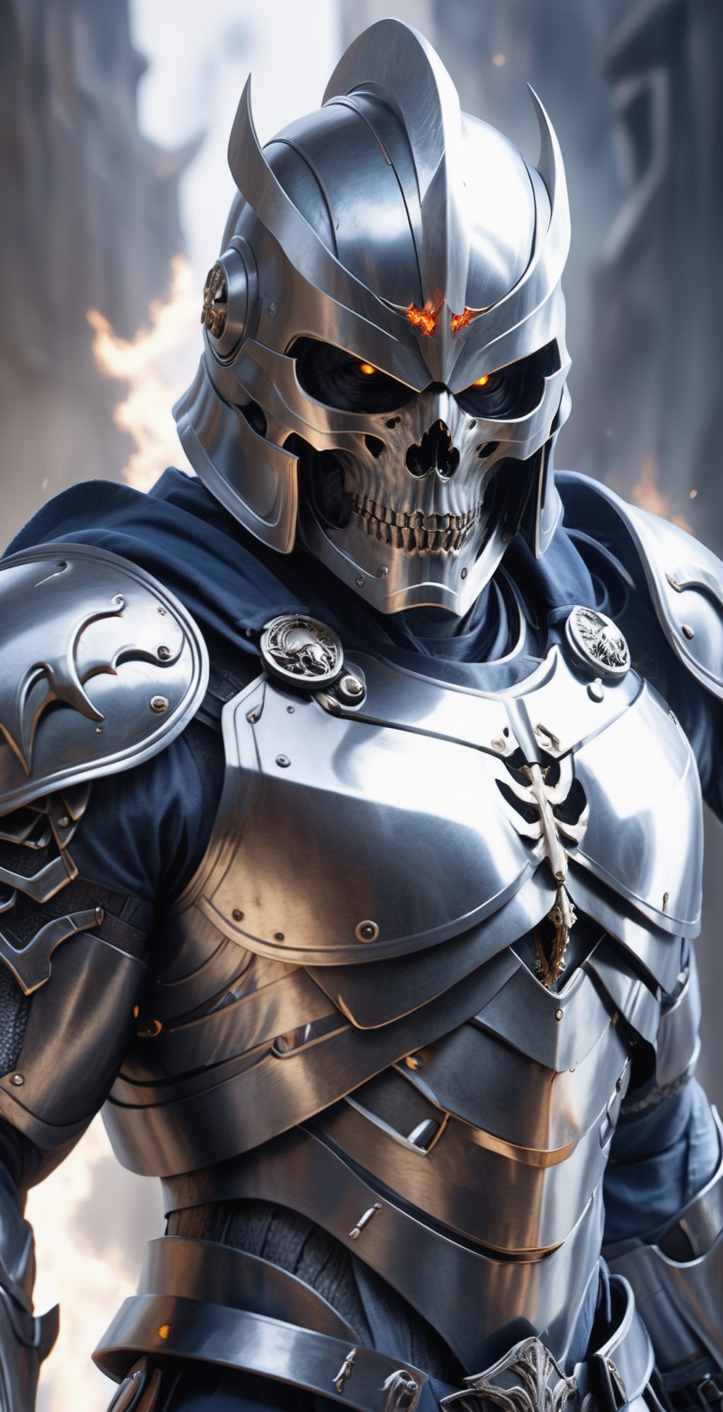A muscular and imposing figure dominates the scene,  clad in a gleaming silver suit of armor that accentuates the sculpted...