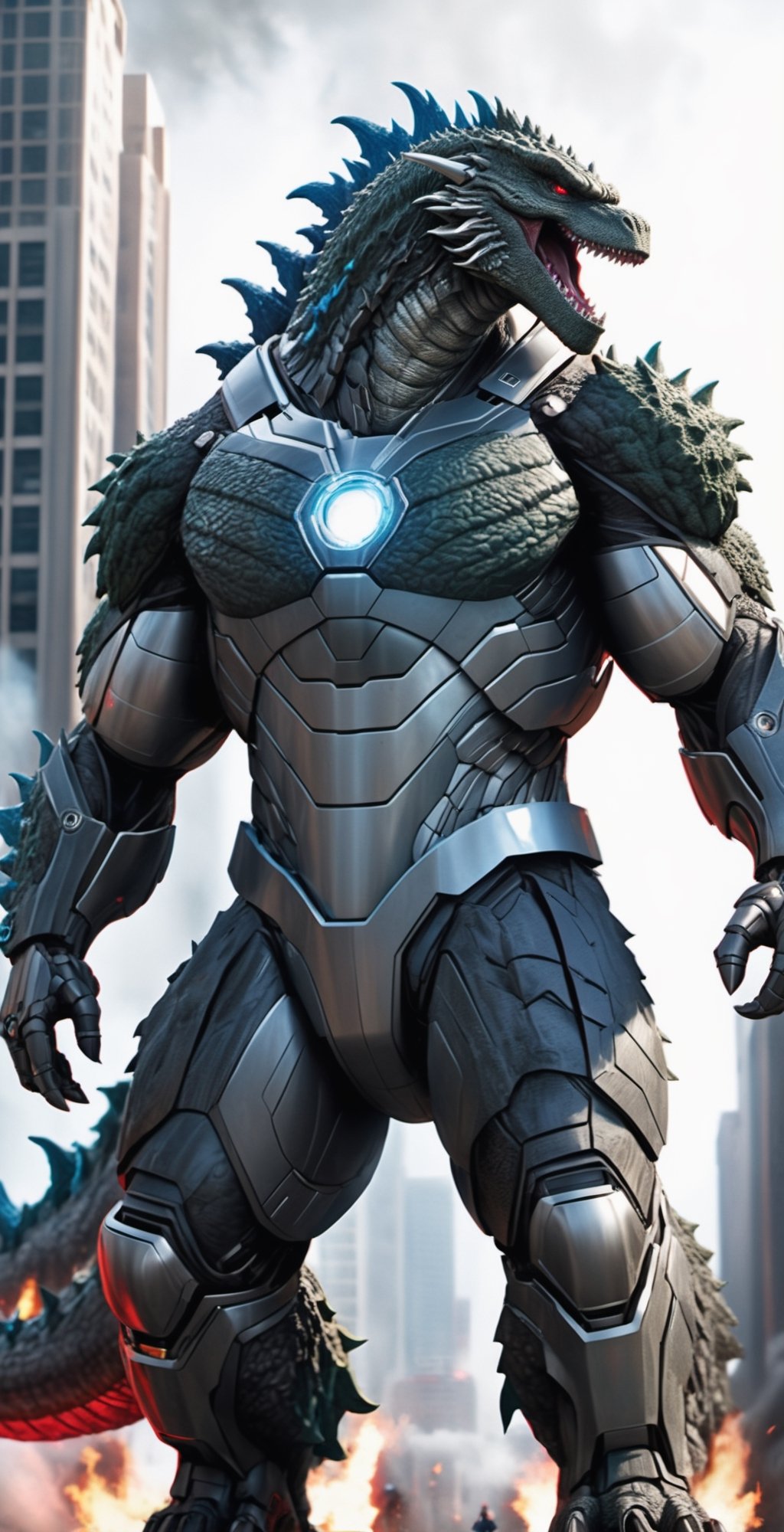 A colossal and awe-inspiring Godzilla,  donned in a powerful Ironman suit inspired by the latest Avengers installment,  do...