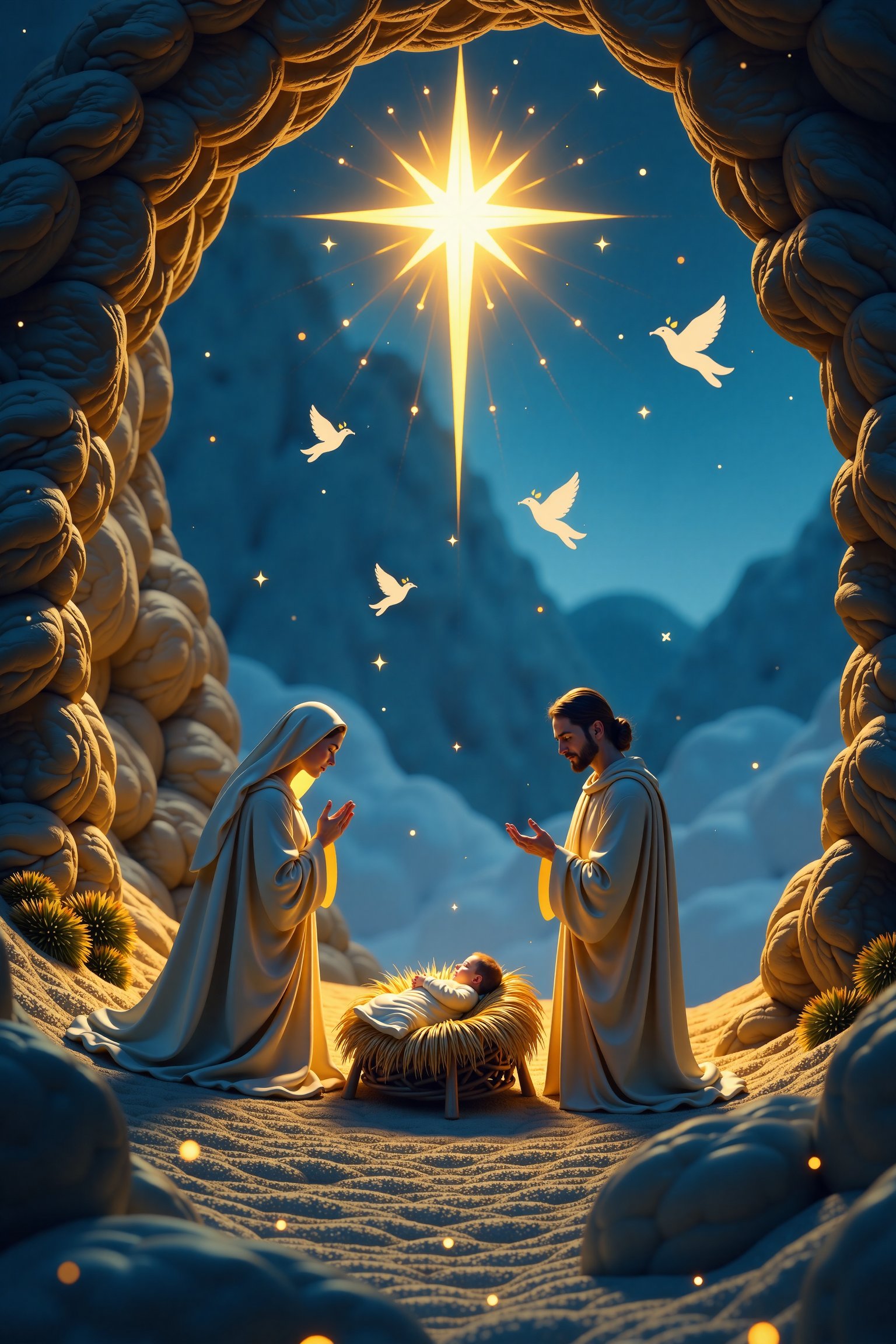 "A fantastical reimagining of the nativity scene,  set in an ethereal stable with walls made of shimmering starlight and t...