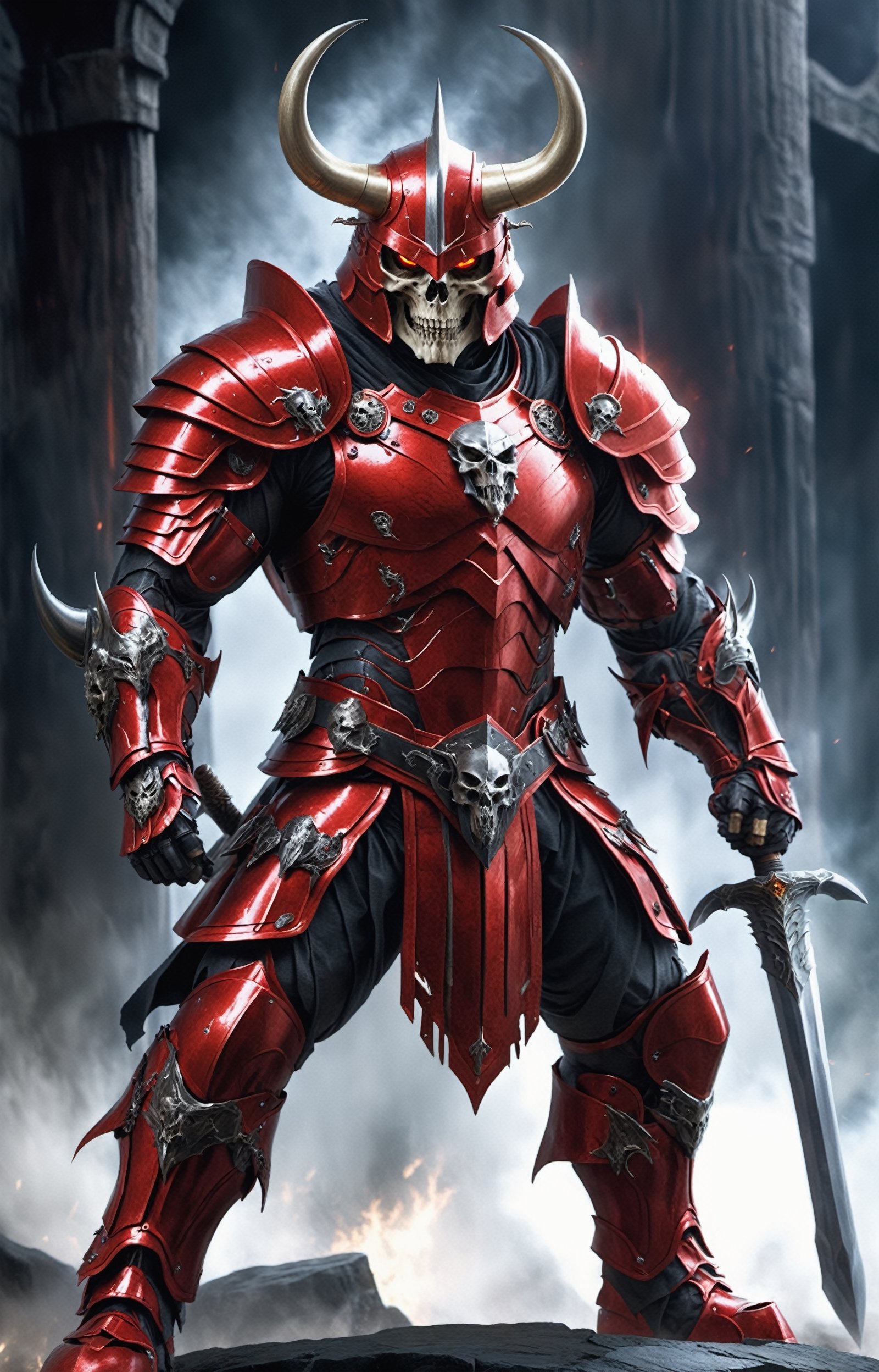 Full body. Dominating the stage is a muscular and imposing figure,  clad in shiny red armor that highlights the sculpted c...