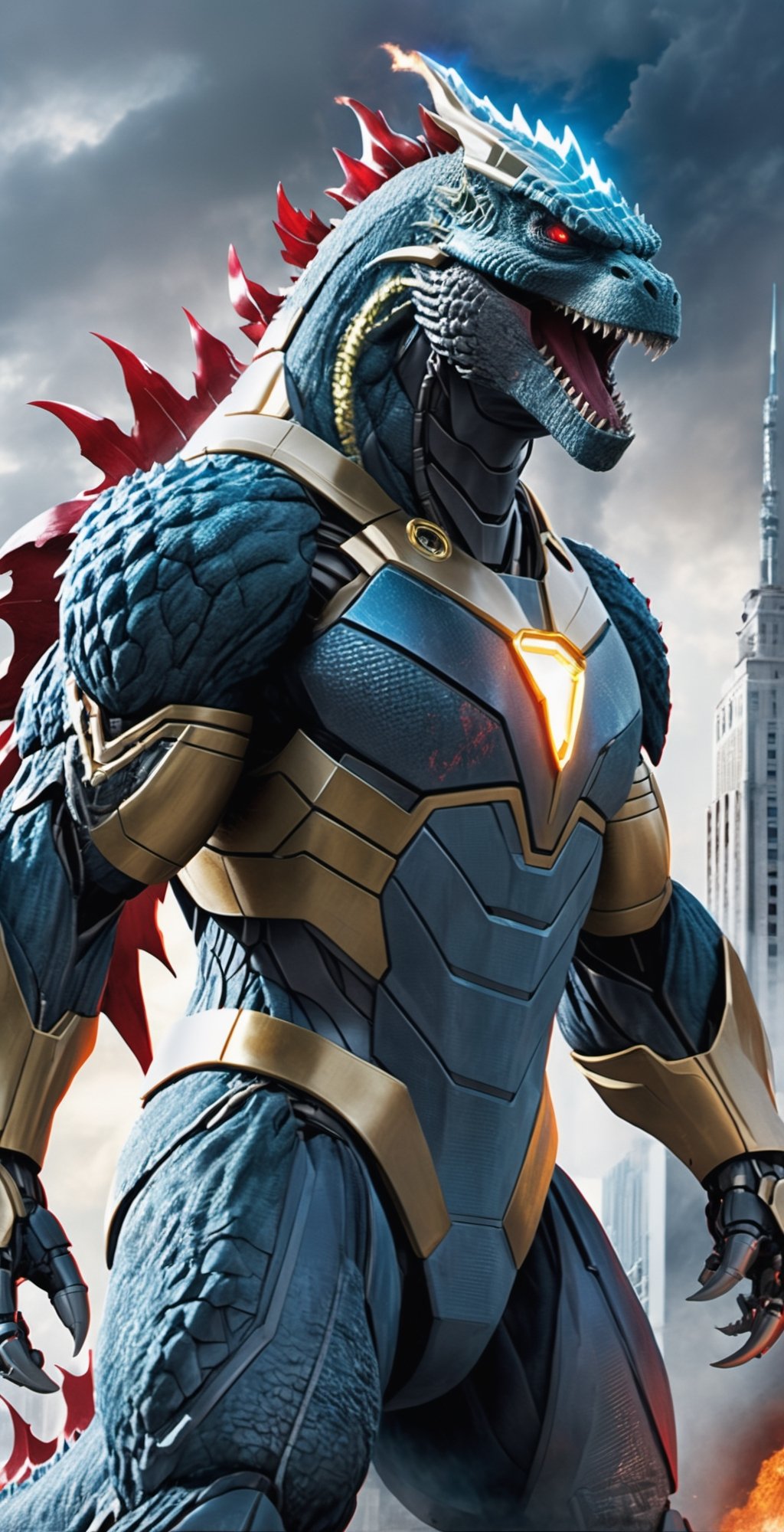 A colossal and awe-inspiring Godzilla,  donned in a powerful Ironman suit inspired by the latest Avengers installment,  do...