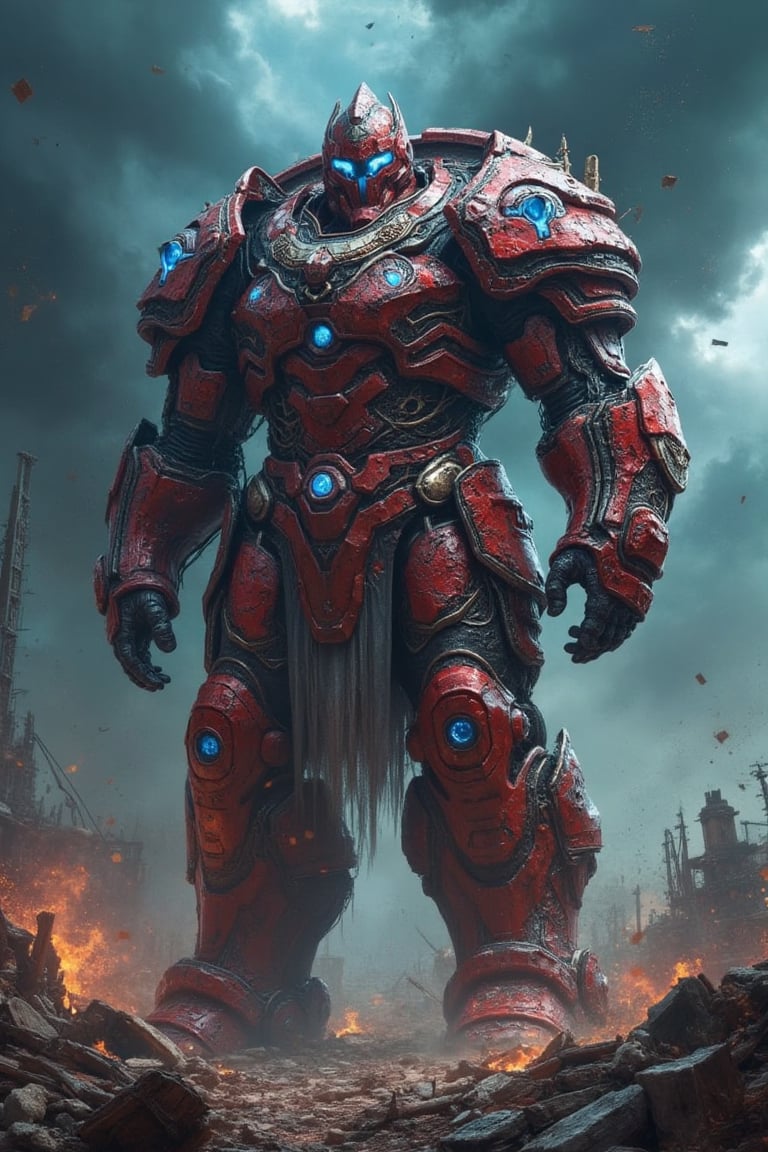 A hyperrealistic full-body portrayal of a gigantic armored warrior standing on a battlefield littered with wreckage. The a...