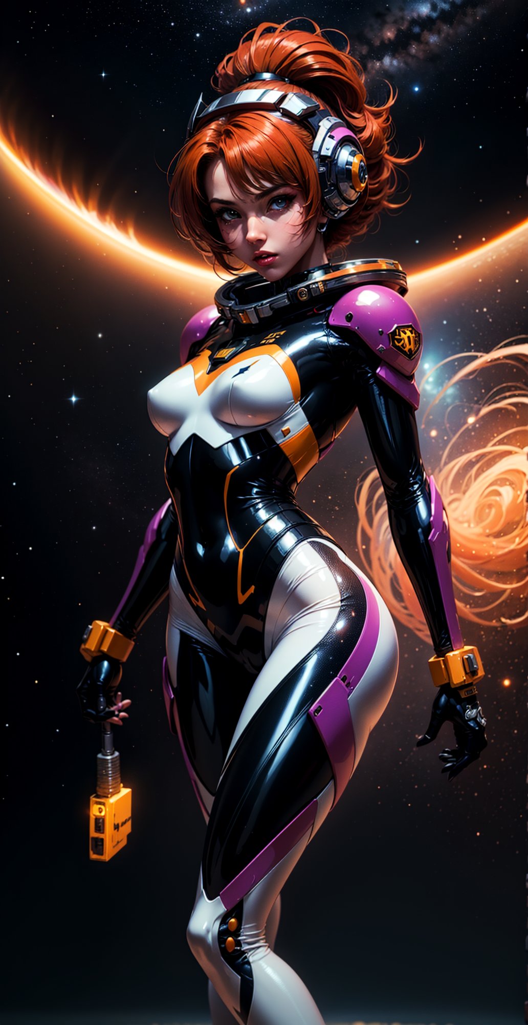 a girl,  thunder yellow jacket,  tight revealing skimpy satin suit by Fritz on Tensor.Art