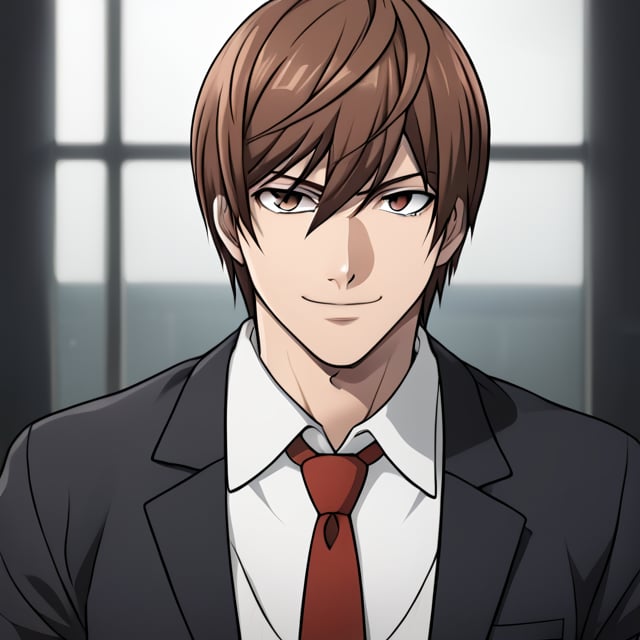 1boy,Light Yagami,brown hair,hair between eyes,chool uniform, jacket, white shirt, full body, male focus, necktie, red necktie, ,school uniform, sole male, bust shot, charming, smirk, pose, menacing, creepy, dramatic