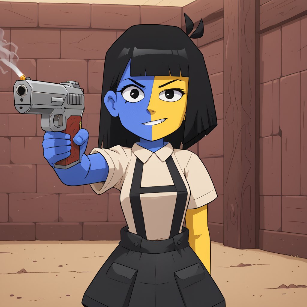 ena, half n half, skin color, 1girl, colored skin, black hair, yellow skin, blue skin, black eyes,

suspenders, shirt, short sleeves, black skirt,TURKISH KILLER POSE,LOOKING AT GUN,HOLDING HANDGUN, HAND IN POCKET,WITH CIGARETTE, AIMING