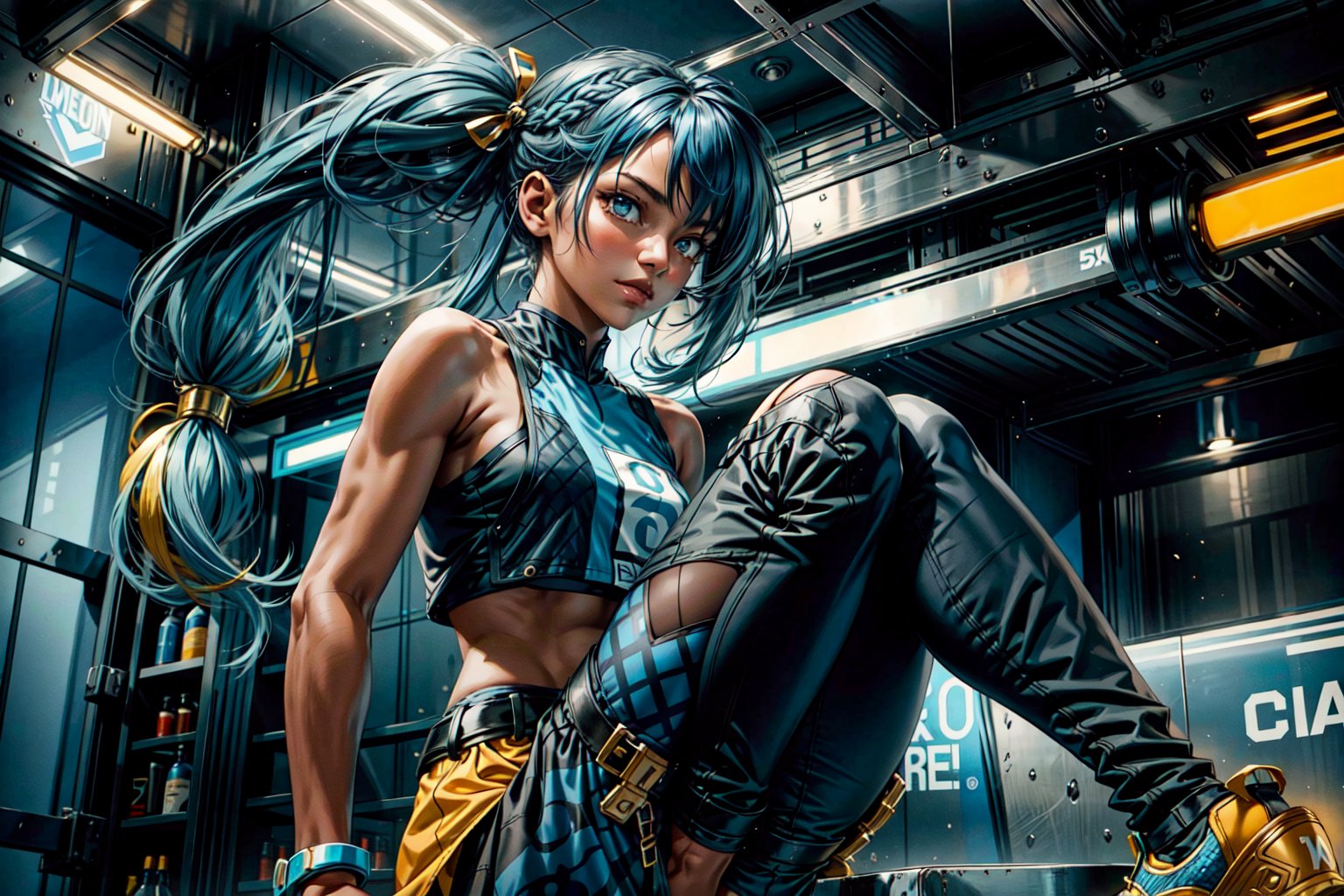  A young woman from the Philippines with short stature and olive skin. She is dressed in athletic attire, with black and blue running leggings and sneakers. Her outfit is completed by a dark-blue cropped vest that seems to conduct her powers. Her arms and face feature light blue patterns that glow when she uses her abilities. Neon's hair is shoulder-length and shaggy, with electric blue as the primary color and streaks of yellow throughout. She keeps her hair in a half-up pigtails hairstyle and accessorizes with a belt and two golden bracelets on her arms.