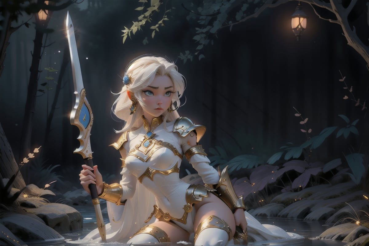 High resolution,  in the misty night, A woman dressed in light Dragonborn armor with a mysterious sadness in her eyes. With natural indescribable grace and elegance, when she duels with darkness and holds a long Golden bow in her hand, wetness on her open bust D-cup, and the gentle breeze moving her white-golish hair. The magnificent Nordic golden jewelry set around her thigh and torso is breathtaking. The way she moves with such effortless poise and sophistication is mesmerizing. 