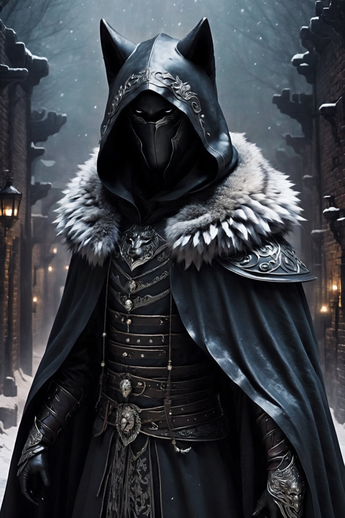 A figure appeared from a dimly lit alley wearing a black winter cape and a wolf's head hood. Their movements were graceful, and they radiated an aura of strength and danger. They seemed like a guardian of secrets, a sentinel of the night who had forged an unbreakable bond with the wild and untamed.