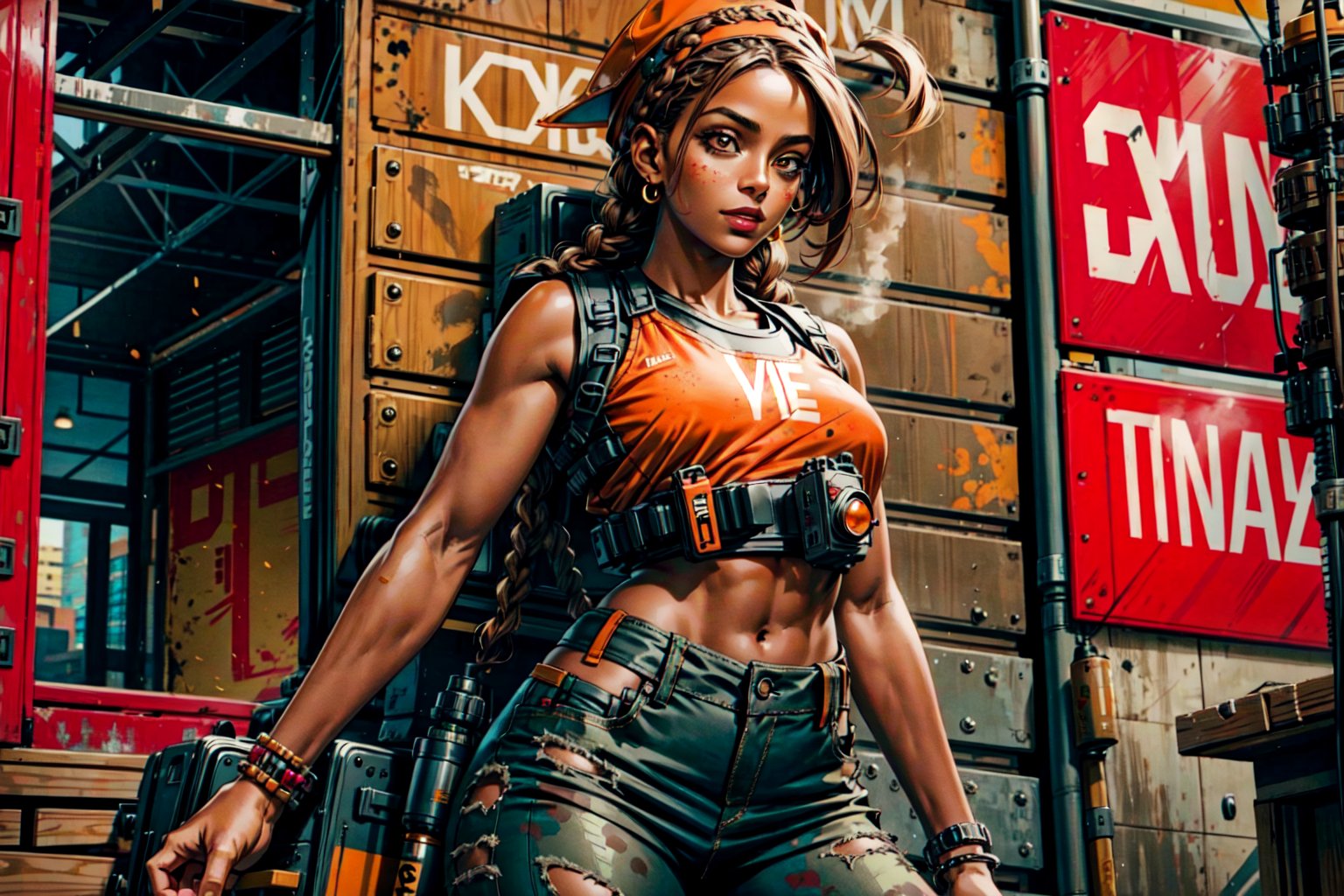 A woman with beautiful brown skin. She always wears her orange cap backward and has her headphones on. Her hair is styled in multiple braids. Raze dons a sleeveless orange top which exposes her midriff. She also wears a chest plate with the word 'BOOM' spray-painted on the front. Her dark-colored pants have a paint splatter on the left thigh and are held up by a strap with paint shell grenades attached.
