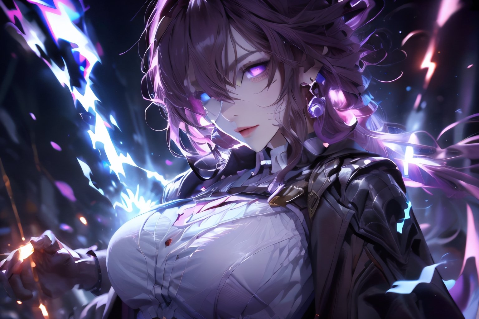 shock spell,electricity,sole_female,close_up,midjourney,purple_eyes,longhair,dynamic pose,demonic eyes,mommy,huge_breasts,1girl,kafka_hsr