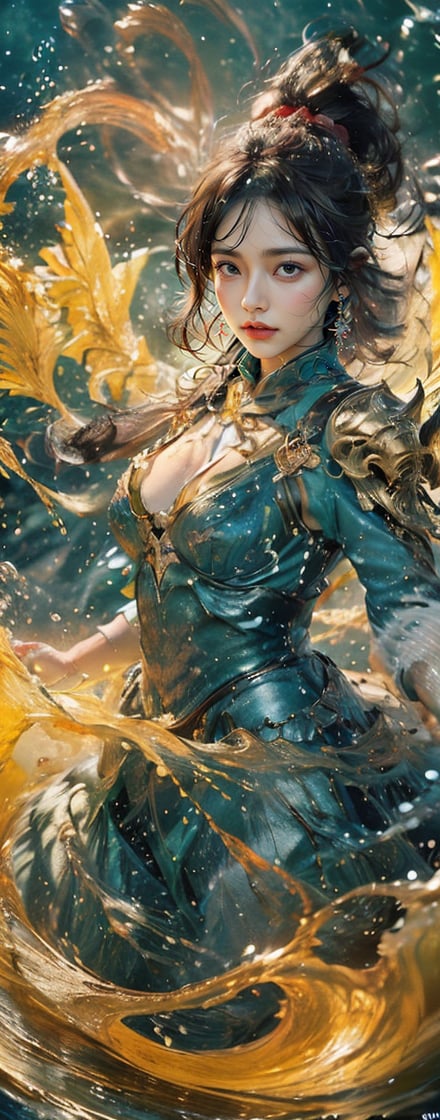 hyper realistic,hyper real,1girl,Chinese girl, fiercely lunges towards her enemy, star in eye, blush, perfect illumination, caramel hair styled as short hair, bright red hair, wearing golden headband around the head, star jewel earing, black eyes,  dressed in outfit with outer golden chest armor, beautiful wings, spraying water droplets in all directions, Gorgeous, ethereal aura, ray tracing, sidelighting, detailed face, bangs, bright skin, dreamlike atmosphere, starry nebula background, Sharp glossy focus, equirectangular 360, Highres 8k, extreme detailed, aesthetic, masterpiece, best quality, rich texture, kinetic move effect, colorful,Movie Still,solo,r1ge,
frown,