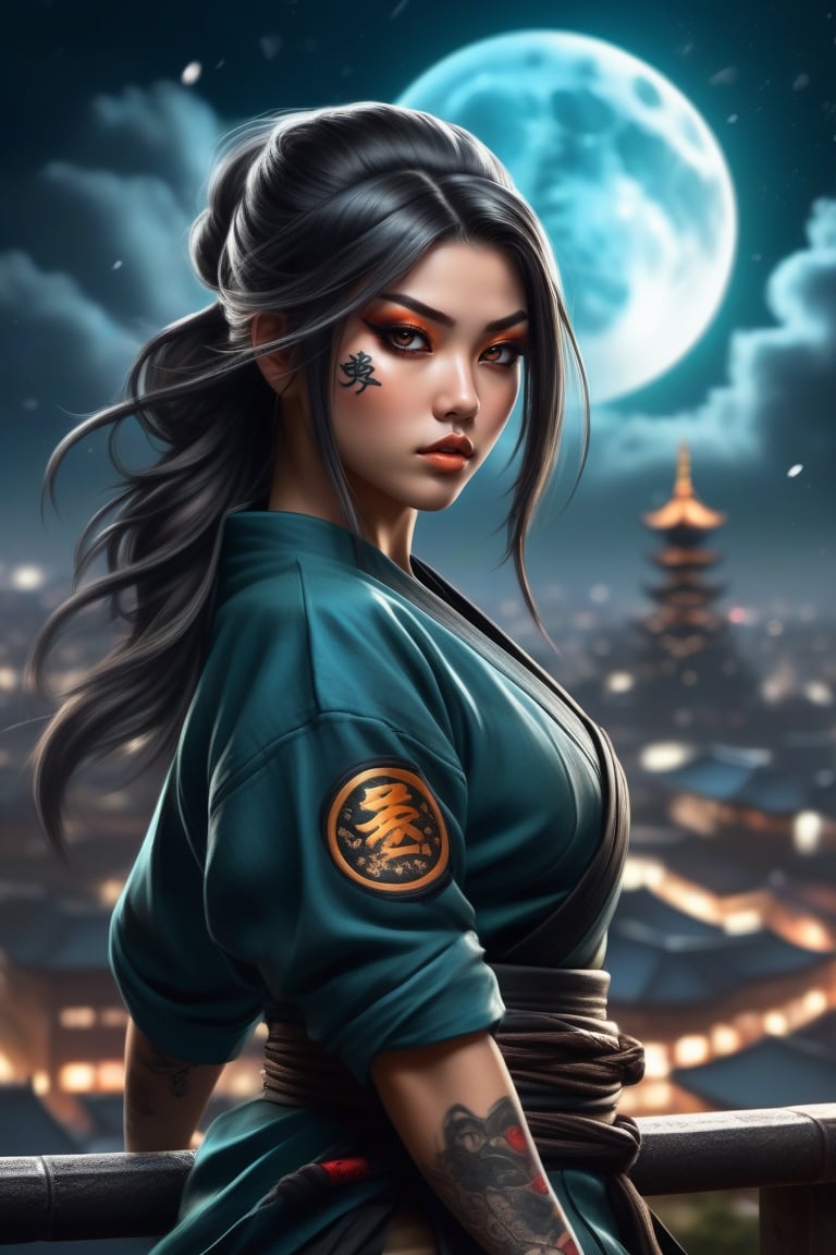 “Create a masterpiece of the highest quality, featuring a dark swag crime ninja girl dressed in shinobi shozoku. She has a tattoo and flowing hair. The background is a night city with bokeh effects, a moon, and clouds. The image should have a dark shot effect, be epic and realistic, and have a faded look with neutral colors. The art should be in HDR, with muted colors and hyper-detailed. The style should be cinematic, with warm lights and dramatic lighting. The image should have intricate details, a complex background, and a cinematic look. The color scheme should include teal and orange. The image should also have soothing tones and contour light.”
