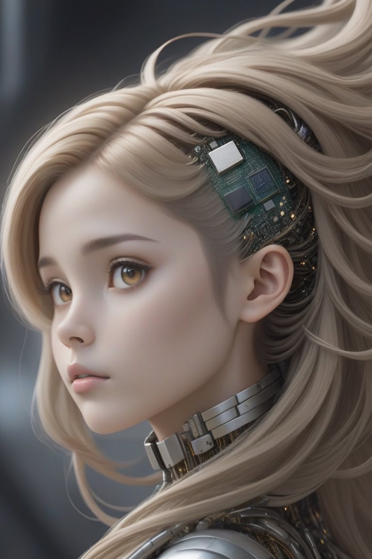 A stunning AI girl with a processor embedded in her head, her metallic locks cascading down her back as she gazes into the distance with a curious expression.