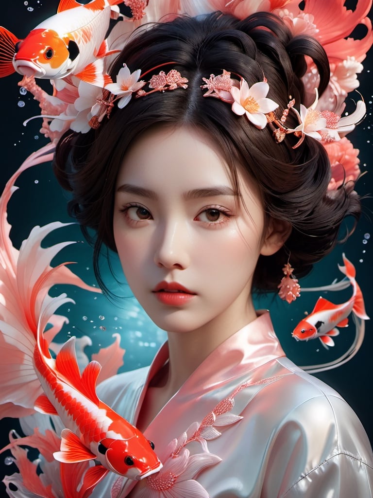 Generate image based on this text: photo RAW, (Black, dark red and neon pink : Portrait of 2 ghostly long tailed white koi, long hair woman, shiny aura, highly detailed, red filigree, intricate motifs, organic tracery, Januz Miralles, Hikari Shimoda, glowing stardust by W. Zelmer, perfect composition, smooth, sharp focus, sparkling particles, lively coral reef background Realistic, realism, hd, 35mm photograph, 8k), masterpiece, award winning photography, natural light, perfect composition, high detail, hyper realisticbatik curtain background ,3d style,lty,oni style,Leonardo Style