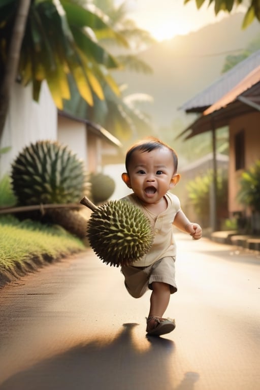 a cute baby boy stole a durian, sceaming and running, chased by an angry woman behind, background indonesian village,Movie Still,cinematic  moviemaker style, and the sun is casting a warm glow over the scene. Use warm colors and soft lighting to create a dreamy, romantic atmosphere