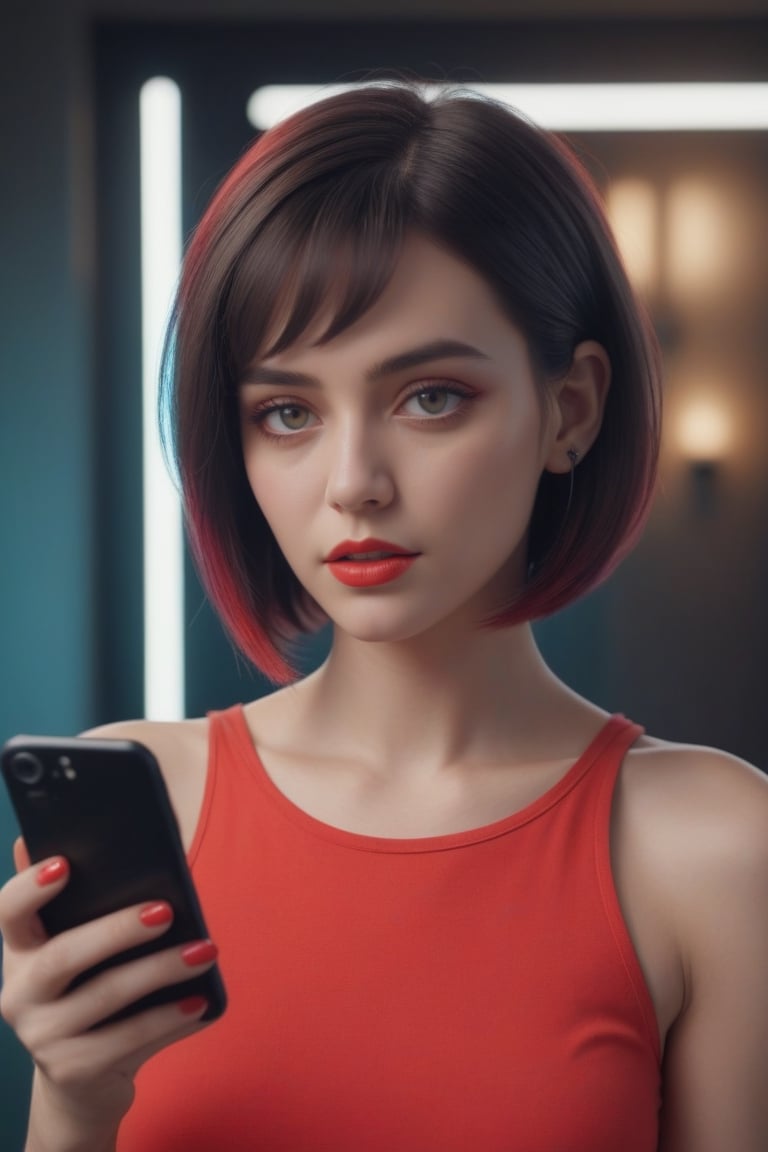 “A stylish woman with a chic bob haircut is completely absorbed in a YouTube video. She’s holding her smartphone with a firm grip, her eyes riveted to the screen. The soft glow from the screen bathes her face, accentuating her deep interest and engagement with the content she’s viewing. She’s dressed in a vibrant red tank top, adding a pop of color to the scene. This moment is captured in a professional fashion photoshoot, resulting in a hyperrealistic masterpiece that’s currently trending on ArtStation.”