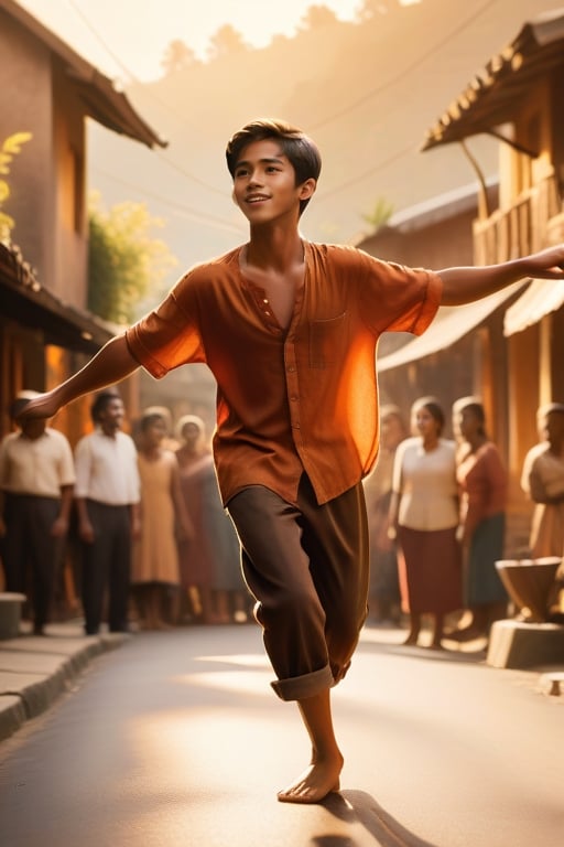 Photo realistic, boy dancing on the street,  people surrounding him,  background indonesian village,Movie Still,cinematic  moviemaker style, and the sun is casting a warm glow over the scene. Use warm colors and soft lighting to create a dreamy, romantic atmosphere, background indonesian village,Movie Still,cinematic  moviemaker style, and the sun is casting a warm glow over the scene. Use warm colors and soft lighting to create a dreamy, romantic atmosphere