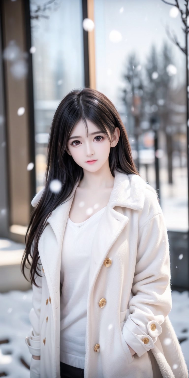 best quality,HDR,UHD,8K,Vivid Colors,solo,photo_,(1girl:1.3),(standing:1.3),(looking at viewer:1.4),Elegant,detailed gorgeous face,(upper body:1.2),bright,(snowing background:1.2),(pale skin:1.4),,Twinkle,pink coat,fur collar,bow,