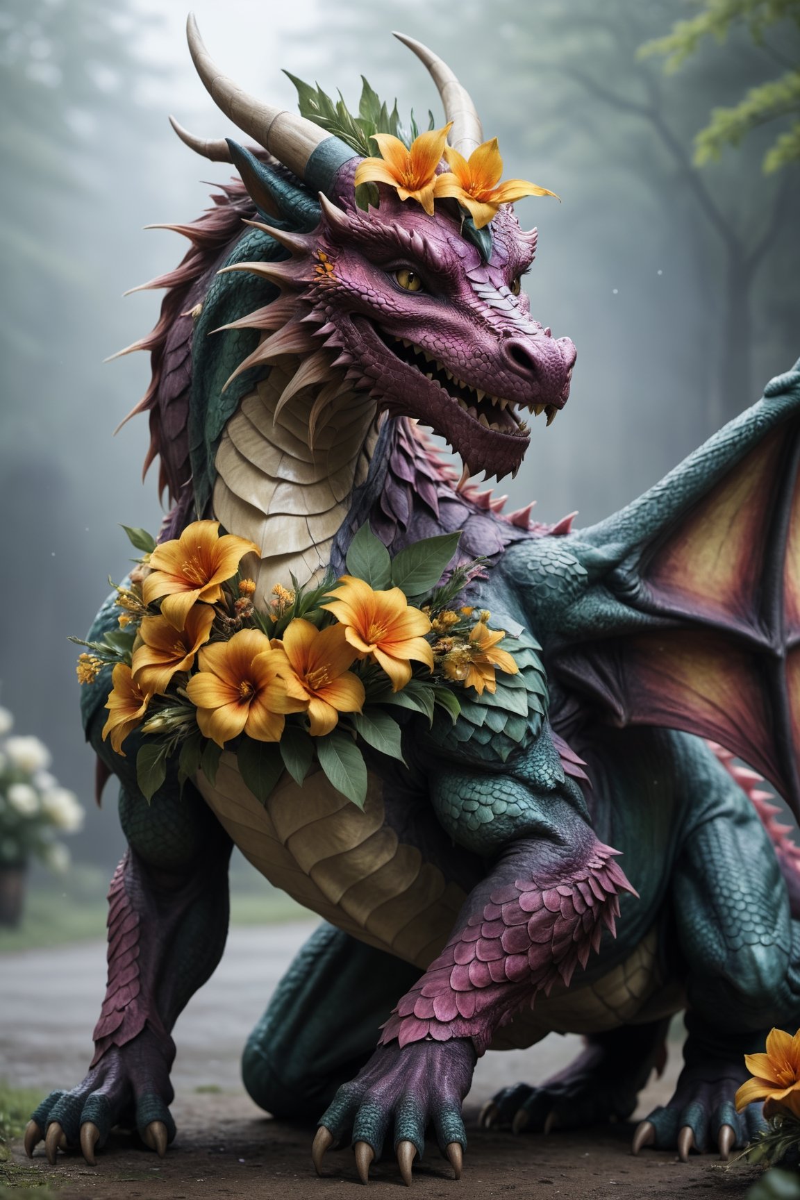 Extremely Realistic, {{{masterpiece}}}, a dragon made of flowers