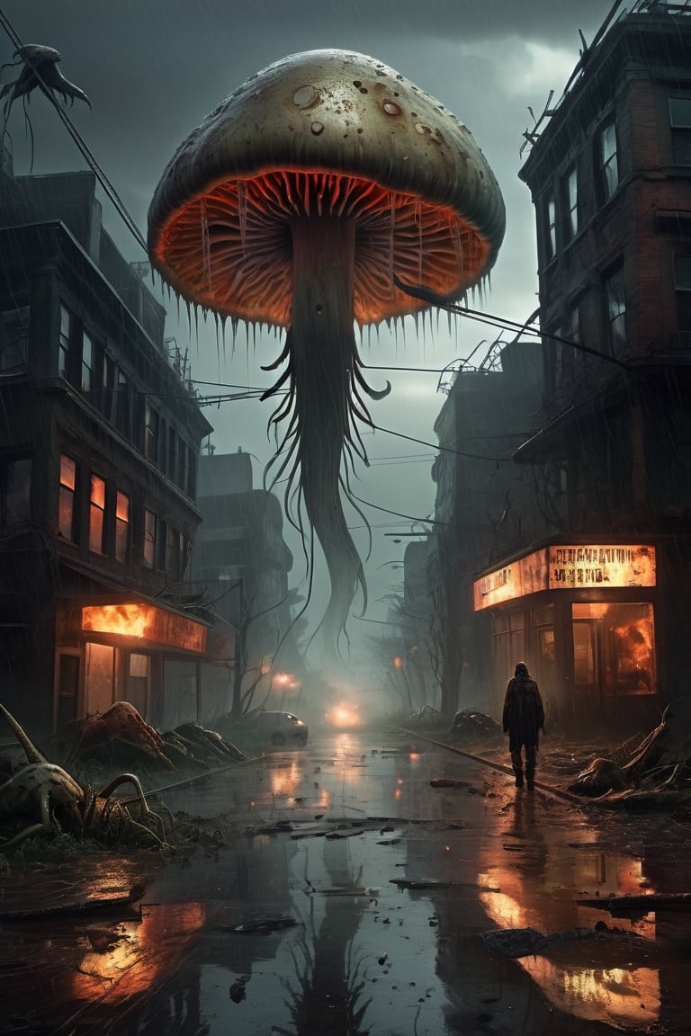 Dystopian post apocalyptic world; heavy rain; toxic mushroom; Cthulhu vibe; strange insects; disturbing creatures; gore; d...