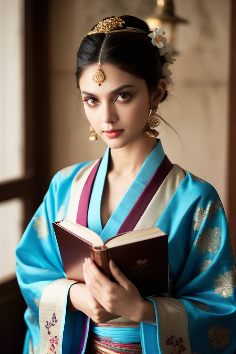 xxmix_girl, portraits up close, actress china-india girl Aditi Rao hydari, wear traditional blue kimono, smirk, holding her books with diamond earing, messy hair bun, stunning,fantasy, detailed perfect reflective Hazel eyes, perfect lips, perfect nose, epic, cinematic lighting, 8k, full render HD, --s8000, 64k, ultra realistic, Cafe background, shadow, photography, cinematic composition, natural light