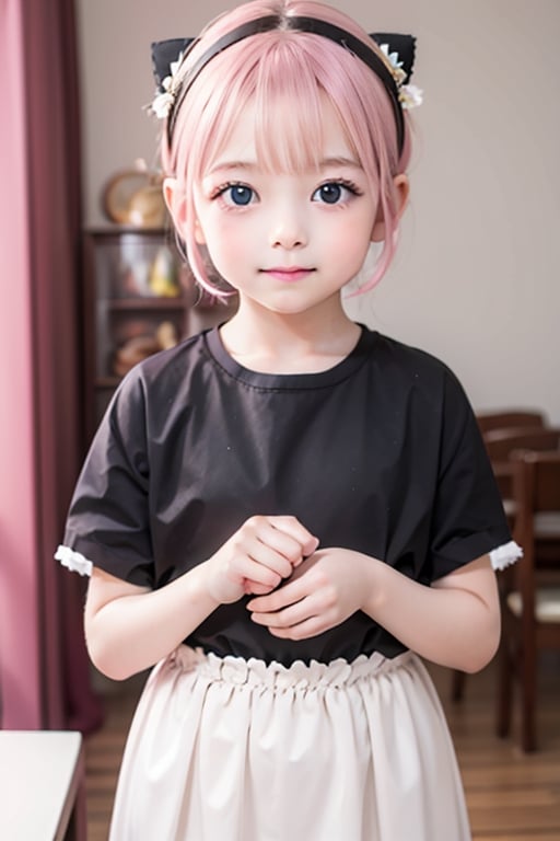 Loli, 5-8 years old,(masterpiece), best quality, 1 girl, nice hands, perfect hands, cuteloli, short hair,pink hair , black hair accessories,anya