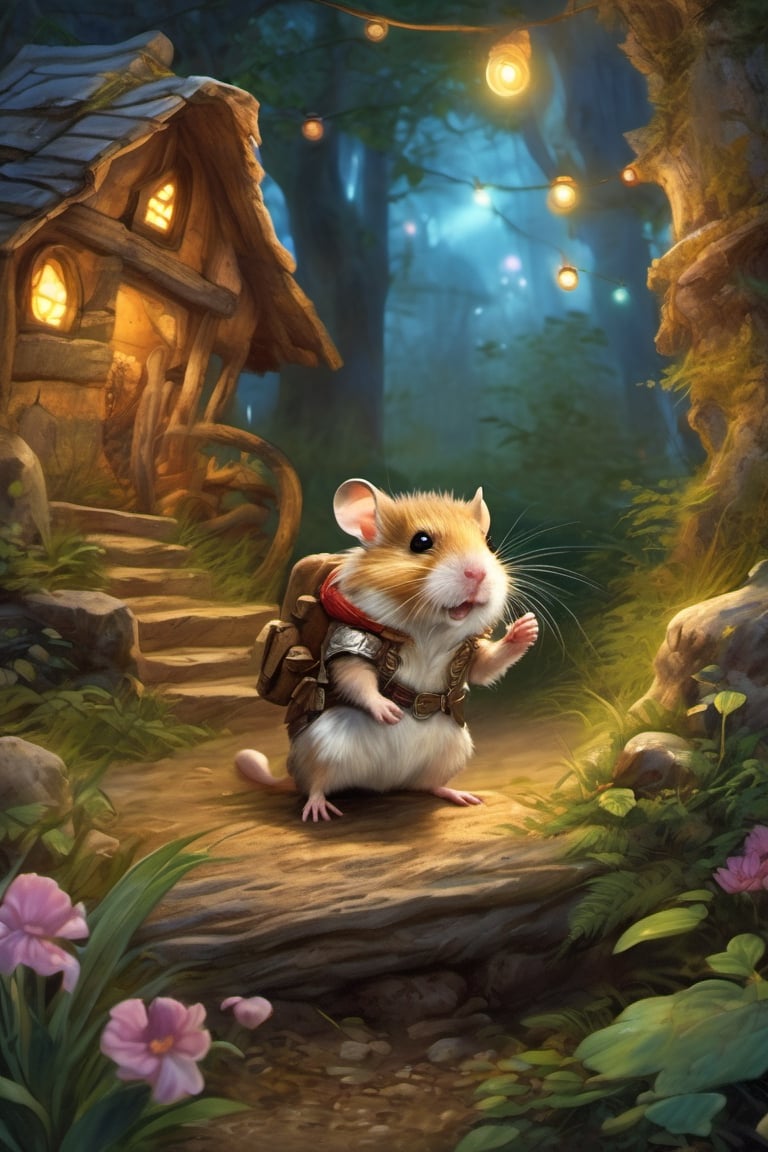 Hyper-detailed  painting, Jean-Baptiste Monge style, The cute little brave hamster is in the novice village, wearing adventurer clothes,, splash, glittering, cute and adorable, filigree, lights, fluffy, magic, surreal, fantasy, digital art, ultra hd, hyper-realistic illustration, vivid colors,  UHD, cinematic perfect light,greg rutkowski