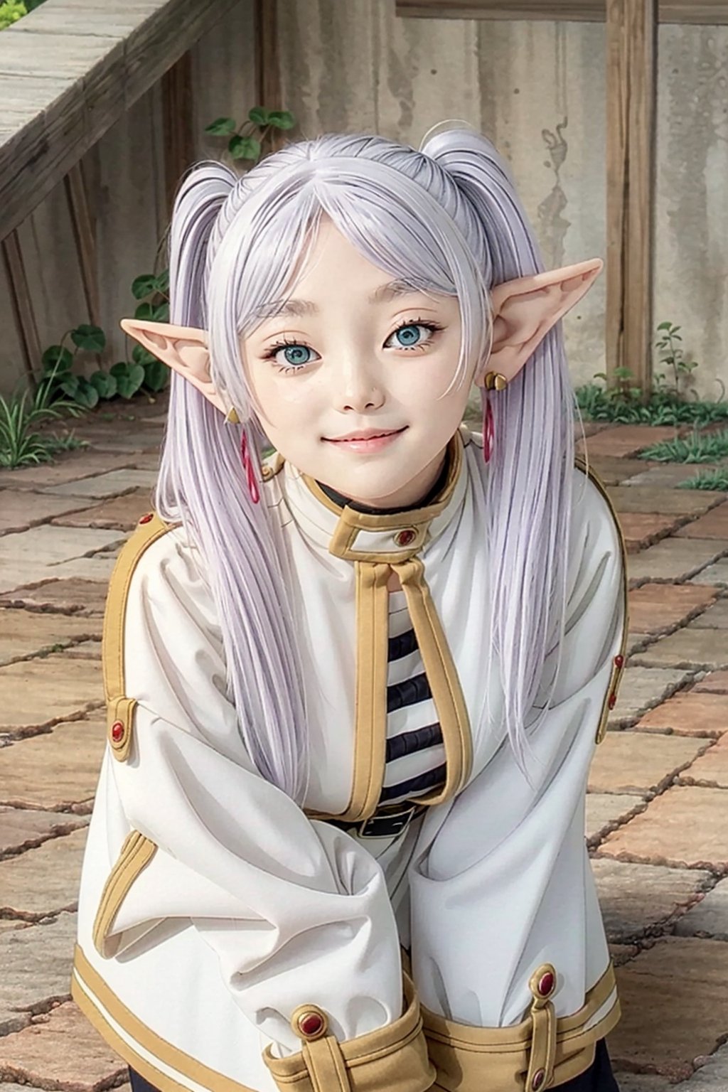 Extremely Realistic, Best quality, master piece, high resolution, high quality, high detail, perfect human anatomy, realistic , normal face and eyes and body and fingers and skin, perfect  face and eyes and body and fingers and skin, detailed face and eyes and body and fingers and skin, 16K,
Japanese, 

1girl,
grey_hair, twintails, elf, pointy_ears, long_hair, green_eyes, blue_eyes, small_breasts, earrings, red_earrings,

double hair, cute face, perfect female body, small breasts, skinny body, hairpin, inverted triangle earrings, checkered shirt, tie, big sweater vest , (missing bottoms fashion:1.5), knee socks:1.8, long-sleeved shirt, blush,  smile, big eyes, park, cute pose,High detailed , realistic picture, ((full bang)),yurayura_yuuura,1girl, minato aqua, animal ears,long hair, purple eyes, ahoge,Frieren