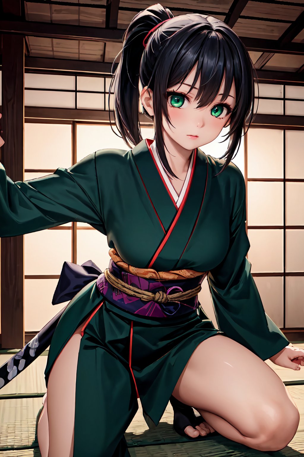 8k, hdr, ultra high res, raw photo, ultra-detailed, photorealistic, masterpiece, ninja, 1 girl, beautiful eyes, beautiful face, black hair, pony tail, green ninja costume, 1 japan sword, open pose, japan background.