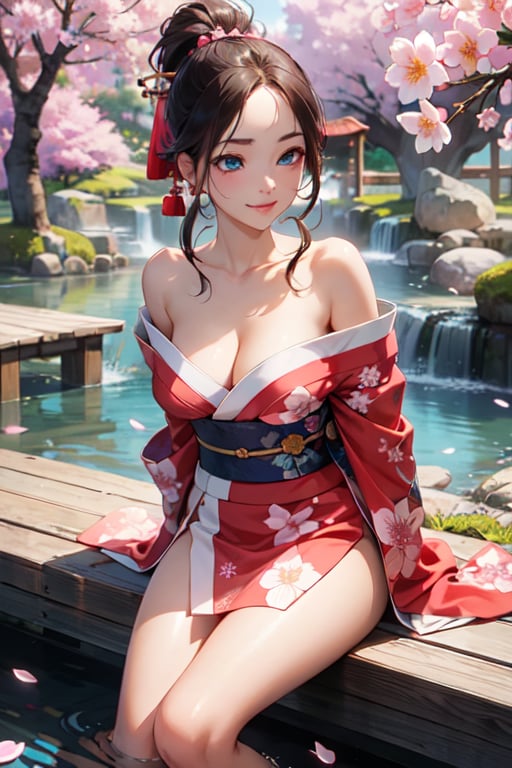 8k, hdr, ultra high res, raw photo, ultra-detailed, photorealistic, masterpiece, 1girl, solo, long ponytail, beautifull face, detailed face, blue eyes, expressive eyes, smile, sexy cleavage, medium breast, no panties, traditional japanese outfit, long flowing kimono, vibrant kimono, flowing sleeves, bare shoulders, detailed skin, intricate detailed, bridge, serene cherry blossom garden, tranquil, calm stream, soft pink petals, wooden railing, resplendent canopy, sunlight, gentle glow, outdoor hot spring.