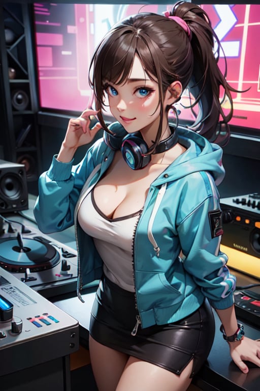 8k, hdr, ultra high res, raw photo, ultra-detailed, photorealistic, masterpiece, 1girl, solo, long ponytail, beautifull face, detailed face, blue eyes, expressive eyes, smile, sexy cleavage, medium breast, headphones, open hoodie,  skirt, detailed skin, intricate detailed, DJ control panel, discs, vinil, radio, amplifiers, speakers,  nightclub.