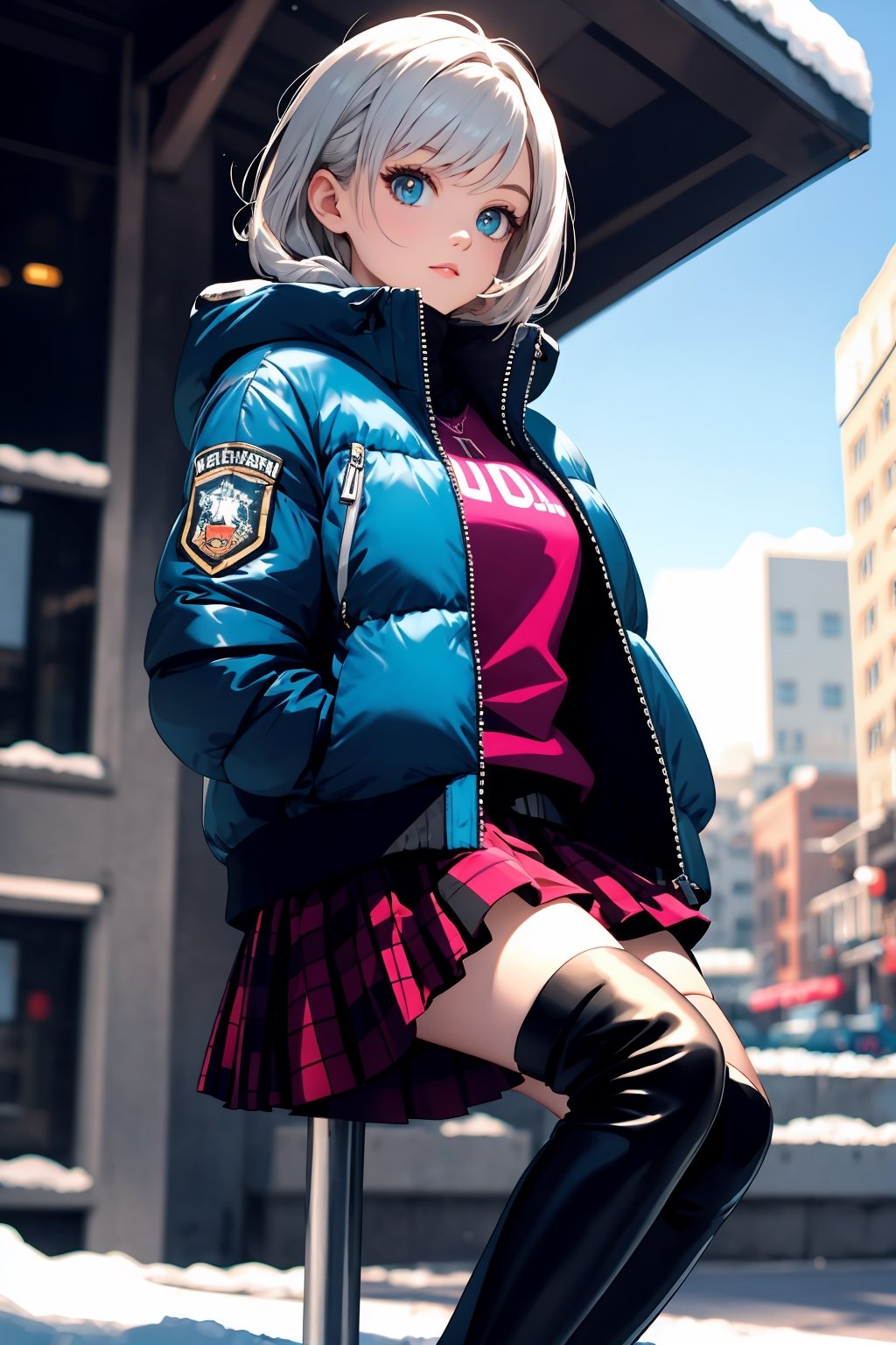 masterpiece, ultra high res, absurdres, (photo realistic), A young female fashion model, armond eyes, BREAK, silver hair, Fishtail Braid,BREAK, (winter fashion:1.2), She looks cozy and cute in her puffy jacket, midi skirt, and knee-high boots. Her jacket is a soft cream color that matches her skirt, which has a pleated design and a checkered pattern. Her boots are brown and complement her outfit well. She is ready to brave the cold weather with style. (black pantyhose:0.6),(dynamic pose:0.6), simple background,dutch angle, 