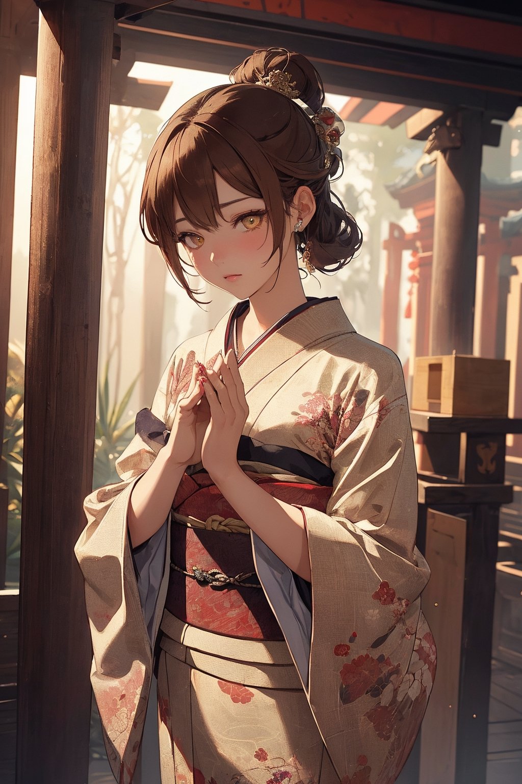 A Ultra realistic, a stunningly girl in (Pine and plum  pattern kimono:0.9), ornaments, flirting, filigree, colorful, sparkels, highlights, digital art, masterwork, brown hair, (pray with her palms together at a shrine:1.2) , amber eyes, chignon, dark theme, soothing tones, muted colors, high contrast, (natural skin texture, hyperrealism, soft light, sharp)