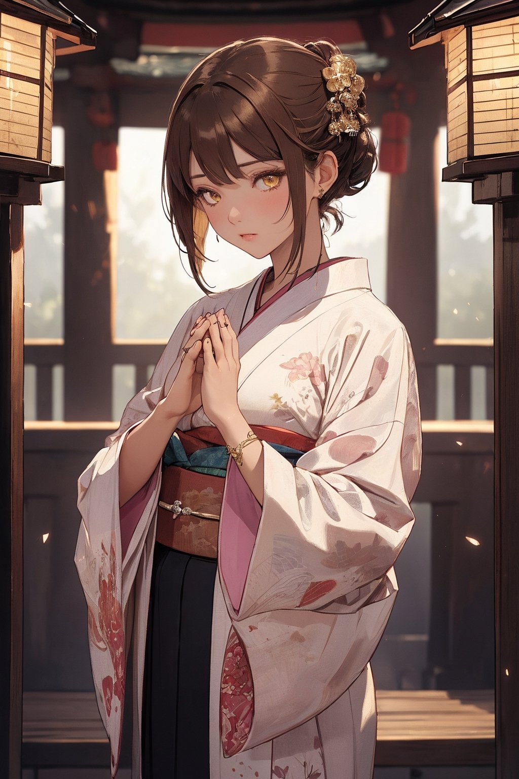 A Ultra realistic, a stunningly girl in (Pine and plum  pattern kimono:0.9), ornaments, flirting, filigree, colorful, sparkels, highlights, digital art, masterwork, brown hair, (pray with her palms together at a shrine:1.2) , amber eyes, chignon, dark theme, soothing tones, muted colors, high contrast, (natural skin texture, hyperrealism, soft light, sharp)