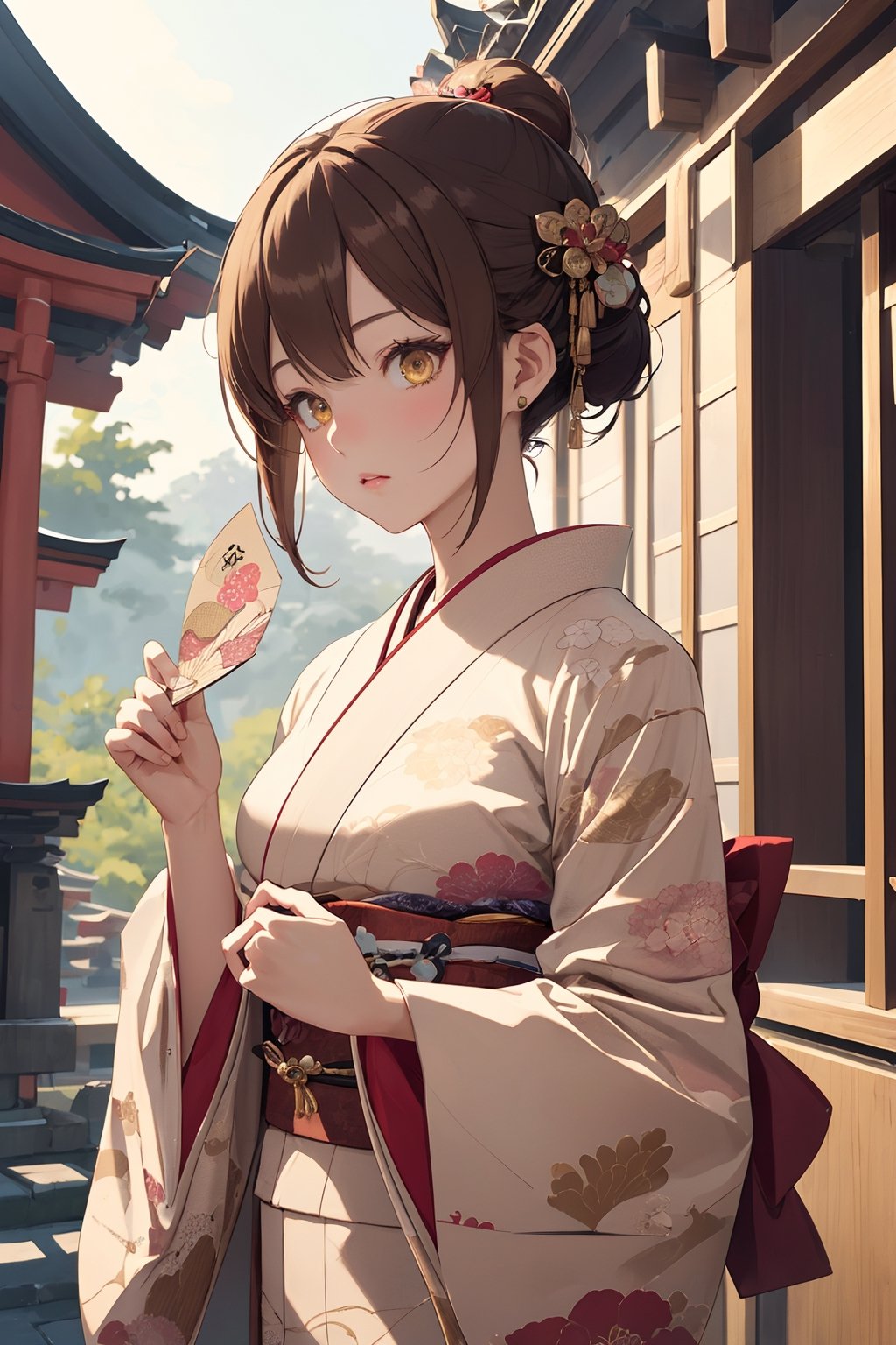 A Ultra realistic, a stunningly girl in (Pine and plum  pattern kimono:0.9), ornaments, flirting, filigree, colorful, sparkels, highlights, digital art, masterwork, brown hair, (draw a paper fortune at a shrine) , amber eyes, chignon, bright theme, soothing tones, muted colors, high contrast, (natural skin texture, hyperrealism, soft light, sharp), 