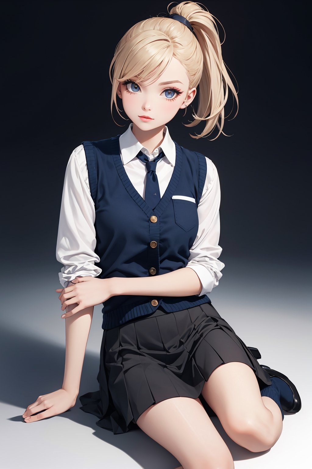 masterpiece, ultra high res, absurdres, (photo realistic), A young female fashion model, armond eyes, BREAK, (A navy check skirt:1.1). It is above the knee length, and has pleats. It is a classic and elegant item. (A white blouse:1.1). You tuck it into the skirt and have a ribbon on the collar. It is a simple and clean design, and matches the color of the skirt. (A navy knit vest:1.1). You wear it over the blouse and leave it open. It is made of a thick and warm material, and can be worn from winter to spring. (White socks). You contrast them with the color of the skirt and create brightness in your feet. They are made of a thin and smooth material, and are comfortable to wear. (Navy loafers). You match the color of the skirt and create a sense of unity in your feet. They are flat and easy to walk in, and can fit both casual and formal occasions. (Ponytail). You tie your hair high at the back, and make it fluffy. You do not have bangs, and tuck your hair behind your ears. (Cute makeup). You use a white foundation to make your skin look transparent. You apply an orange blush to give a pop of color to your cheeks. You use a blue eyeshadow to add color to your eyes. You draw a thin brown eyeliner. You use a brown mascara to lift your eyelashes. You use an orange lip to make it look lively. (dynamic pose:0.7), simple background,dutch angle, 