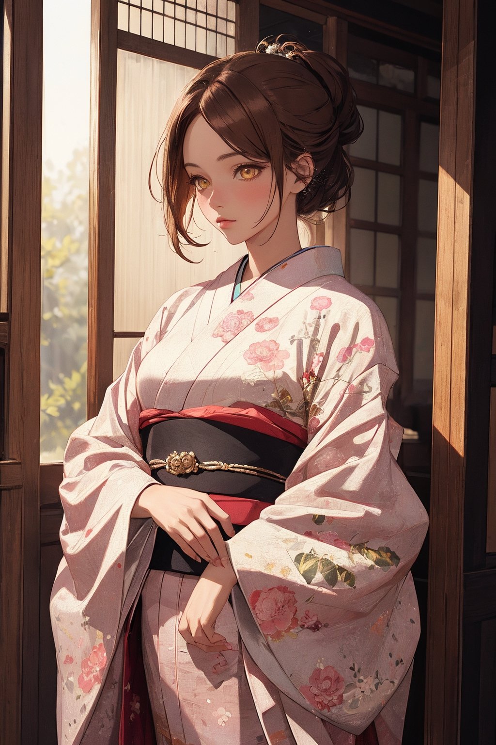 A Ultra realistic, a stunningly girl in (Peony pattern kimono:0.9), ornaments, flirting, filigree, colorful, sparkels, highlights, digital art, masterwork, brown hair, shrine, amber eyes, chignon, dark theme, soothing tones, muted colors, high contrast, (natural skin texture, hyperrealism, soft light, sharp)