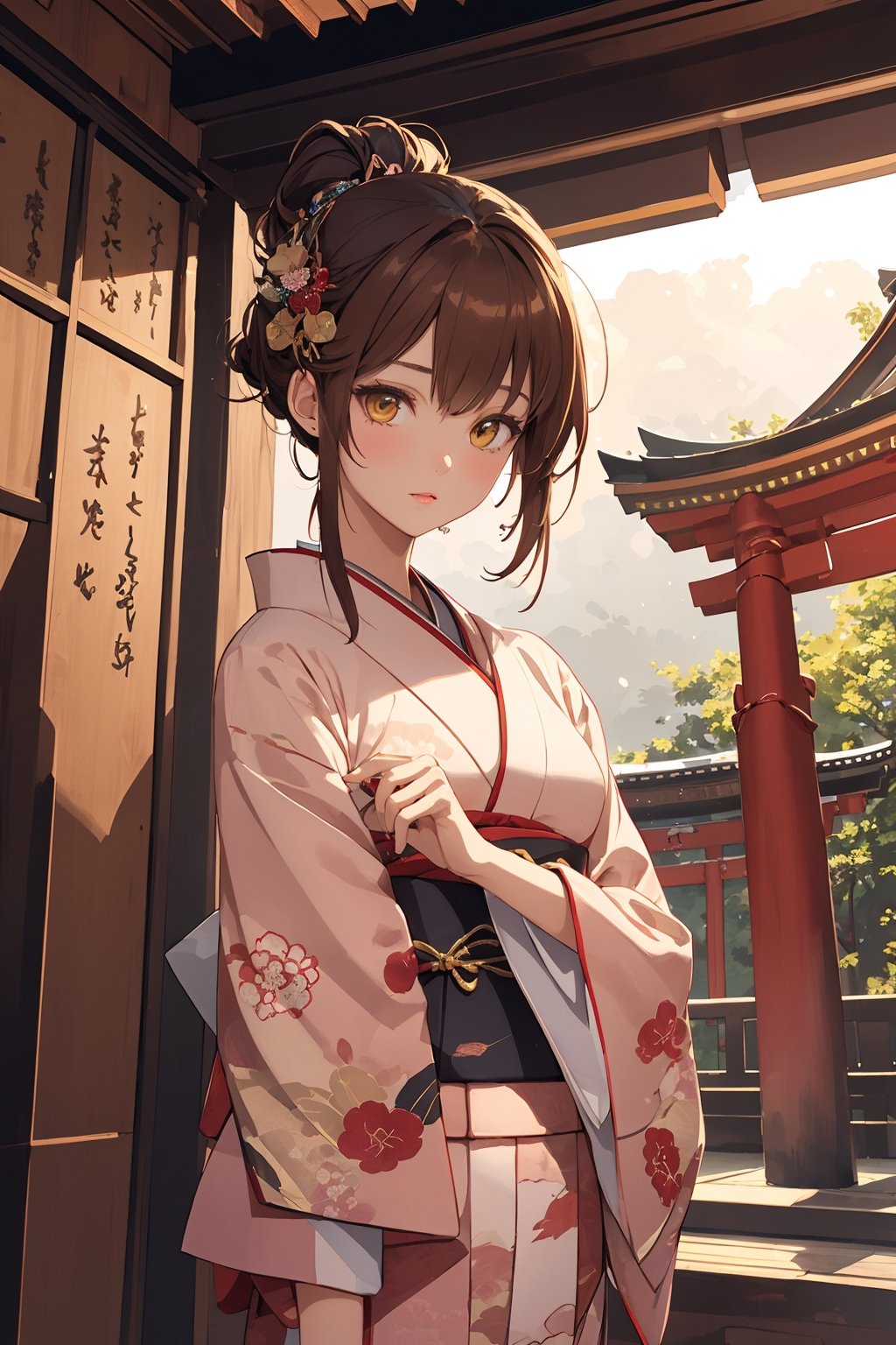 A Ultra realistic, a stunningly girl in (Pine and plum  pattern kimono:0.9), ornaments, flirting, filigree, colorful, sparkels, highlights, digital art, masterwork, brown hair, (draw a paper fortune at a shrine) , amber eyes, chignon, bright theme, soothing tones, muted colors, high contrast, (natural skin texture, hyperrealism, soft light, sharp), 